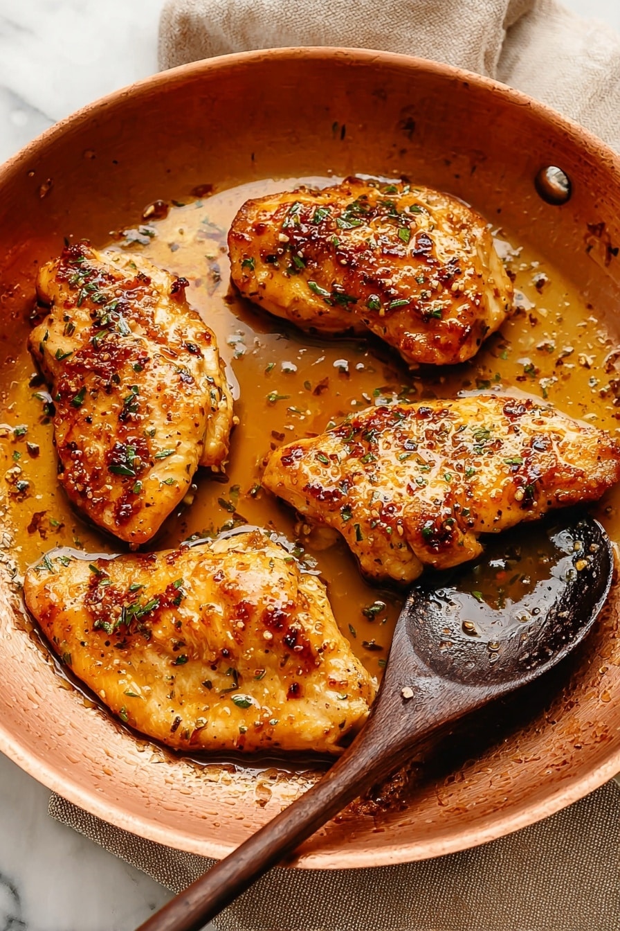 Four pieces of golden brown cooked chicken sit in a shallow white pan with shiny sauce glistening on and around them. The chicken is seasoned with small green herbs and red spices, and a dark wooden spoon rests inside the pan. The pan is placed on a light brown cloth with a textured white marbled surface underneath. photo taken with an iphone --ar 2:3 --v 7 - Maple Mustard Glazed Chicken, easy chicken dinner, one-pan chicken recipe, quick weeknight chicken, flavorful chicken with maple mustard glaze