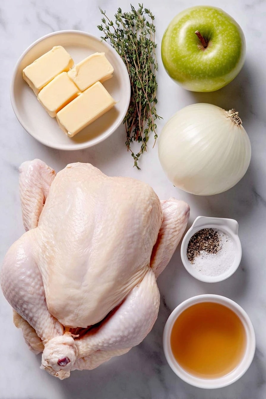 Flat lay of a whole raw chicken with smooth pale skin, a quartered Granny Smith apple showing crisp green flesh, a quartered small sweet onion with fresh white and purple layers, several sprigs of fresh green thyme arranged neatly, a small white ceramic bowl holding softened golden butter, a small white ceramic bowl filled with amber apple cider liquid, and a pinch of coarse salt and freshly ground black pepper arranged symmetrically on a simple white ceramic dish, all placed on a clean white marble surface, soft natural light, photo taken with an iPhone, professional food photography style, fresh ingredients, white ceramic bowls, no bottles, no duplicates, no utensils, no packaging --ar 2:3 --v 7 --p awthu7i m7354615311229779997 - Apple Cider Glazed Roasted Chicken, roasted chicken with apple cider glaze, fall-inspired roasted chicken recipe, easy apple cider chicken, juicy roasted chicken with glaze