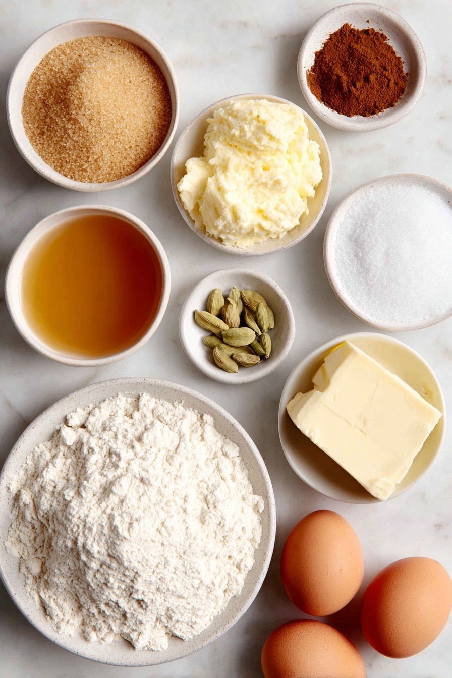 Flat lay of a small pile of golden light brown sugar crystals, a small heap of fine white granulated sugar, a small mound of warm reddish-brown ground cinnamon powder, a single small white ceramic bowl filled with amber-colored apple cider, two large brown eggs with smooth shells, a small white ceramic bowl with melted pale yellow unsalted butter, a neat pile of off-white all-purpose flour, a tiny white ceramic bowl containing fine white baking powder, a few whole green cardamom pods, a small white ceramic bowl with ground warm brown nutmeg powder, a block of pale yellow butter, and a small white ceramic bowl filled with clear golden peanut oil, all arranged with perfect symmetry on a simple white ceramic plate, placed on a clean white marble surface, soft natural light, photo taken with an iPhone, professional food photography style, fresh ingredients, white ceramic bowls, no bottles, no duplicates, no utensils, no packaging --ar 2:3 --v 7 --p awthu7i m7354615311229779997 - Super Moist Apple Cider Donuts with Warm Spices, apple cider donuts recipe, fall donuts with warm spices, easy apple cider donut recipe, cozy autumn dessert
