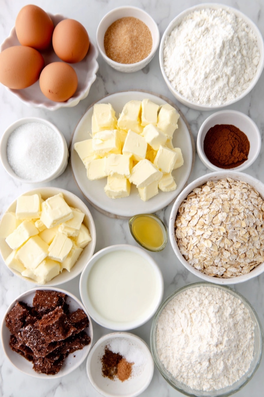 Flat lay of peeled and diced fresh apples in a simple white ceramic bowl, a few whole brown eggs with clean shells, small white ceramic bowls containing light brown sugar, granulated sugar, and powdered sugar, chunks of cold salted butter and slices of softened salted butter arranged on a white ceramic plate, a small white bowl of warm milk, a small white bowl with golden melted butter, a small white bowl filled with cinnamon powder, small white bowls each with nutmeg, ground cloves, and allspice powders, a few sprigs of fresh vanilla bean pods, a small white bowl of corn starch powder, a small white bowl of water, a small white bowl with heavy cream, a small white ceramic bowl filled with old-fashioned whole rolled oats, a small white bowl with lemon juice, and a small white bowl of apple cider — all arranged with perfect symmetry and realistic proportions, fresh and natural, placed on a clean white marble surface, soft natural light, photo taken with an iPhone, professional food photography style, fresh ingredients, white ceramic bowls, no bottles, no duplicates, no utensils, no packaging --ar 2:3 --v 7 --p awthu7i m7354615311229779997 - Apple Pie Cinnamon Rolls with Apple Cider Caramel Sauce and Cream Cheese Frosting, apple cinnamon roll recipe, fall dessert ideas, apple pie cinnamon rolls, caramel and cream cheese frosting