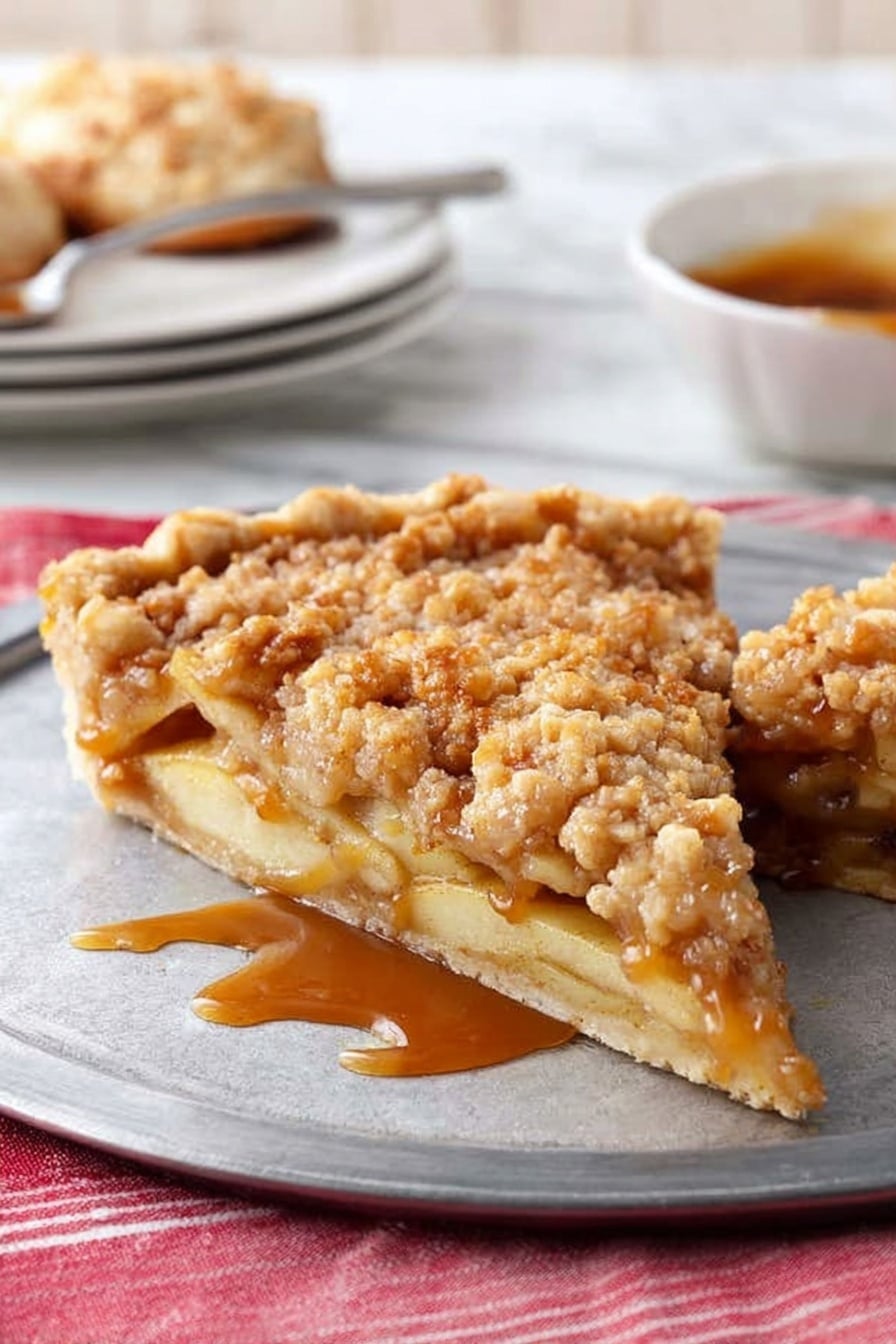 A single slice of apple crumble pie sits on a round silver tray with the rest of the pie still in the background. The pie has three visible layers: a bottom golden-brown crust that looks firm and slightly crunchy, a middle layer filled with soft, cooked apple slices that are pale yellow and tender, and a top layer of crumbly streusel that is light brown and uneven in texture. A shiny caramel sauce is drizzled on top, pooling slightly on the tray around the slice. In the background, there is a white bowl with a spoon containing more caramel sauce and a white plate with some pastries. The scene is set on a white marbled surface with a red and white striped cloth to the side. Photo taken with an iphone --ar 2:3 --v 7 - Apple Pizza with Cream Cheese, Cinnamon Apples, Streusel Topping, apple dessert pizza, easy fruity dessert recipe