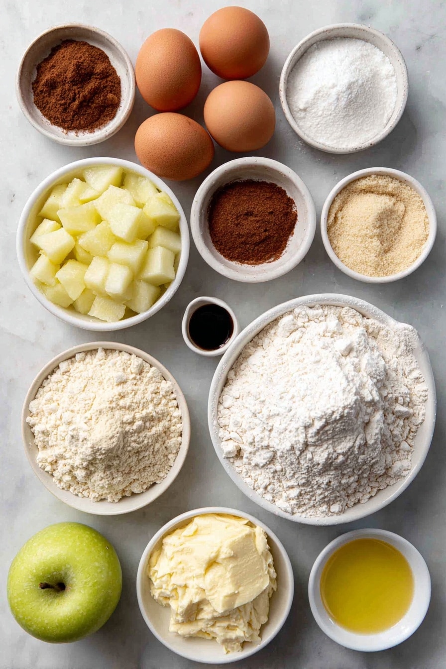 Flat lay of a small mound of all-purpose flour, a small mound of whole wheat flour, a small mound of almond flour, a small pile of light brown sugar, a small bowl of cinnamon powder, a small bowl of apple pie spice, two whole large brown eggs with clean shells, a few peeled and diced fresh apple cubes, a small bowl of creamy coconut oil, a small bowl of rich avocado oil, a small bowl of unsweetened almond milk, a small bowl of unsweetened applesauce, a small bowl of fine powdered sugar, a small bowl of golden cane sugar, a small bowl of vanilla extract, a small bowl of sea salt, and a small bowl of baking powder — all ingredients fresh and natural, each in simple white ceramic bowls or directly arranged, perfectly symmetrical and balanced, placed on a clean white marble surface, soft natural light, photo taken with an iPhone, professional food photography style, fresh ingredients, white ceramic bowls, no bottles, no duplicates, no utensils, no packaging --ar 2:3 --v 7 --p awthu7i m7354615311229779997 - Cinnamon Apple Muffins with Crumble Topping and Glaze, cinnamon apple muffins, apple spice muffins, homemade apple muffins, easy apple muffin recipes