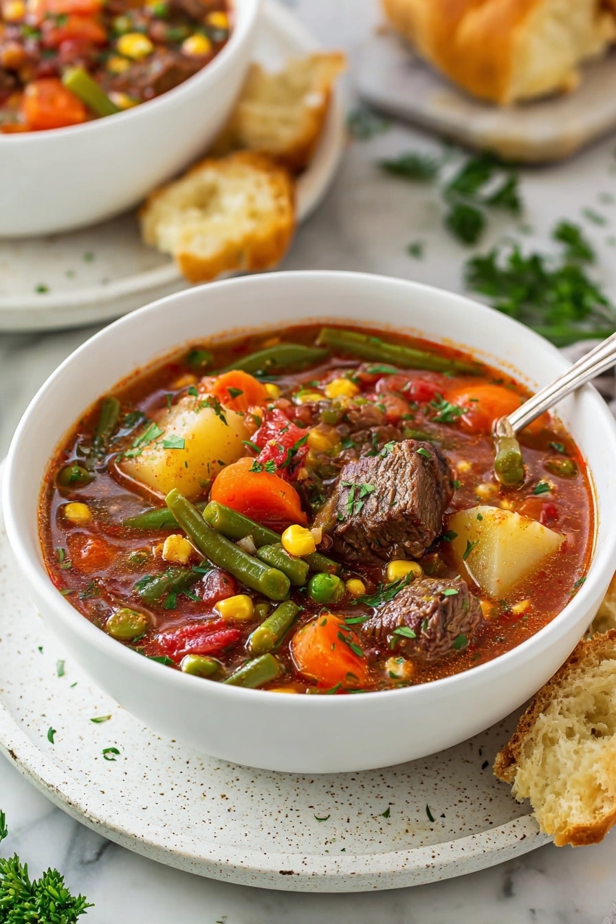 The image shows a white bowl filled with a colorful beef and vegetable stew placed on a white speckled plate, all set on a white marbled surface. The stew contains visible layers of dark brown beef chunks, bright orange carrot slices, pale yellow potato cubes with red skin edges, green beans, green peas, yellow corn kernels, and red tomato pieces, all in a reddish-brown broth. The stew is topped with small green herb bits scattered over the surface. Around the bowl are pieces of torn bread with a golden crust. In the background, there is another white bowl of the same stew, slightly out of focus, and some green parsley sprigs appear on the white marbled surface next to the bowl. Photo taken with an iphone --ar 2:3 --v 7 - Vegetable Beef Soup, hearty beef vegetable soup, easy beef soup recipe, wholesome vegetable beef broth, comforting beef and veggie soup