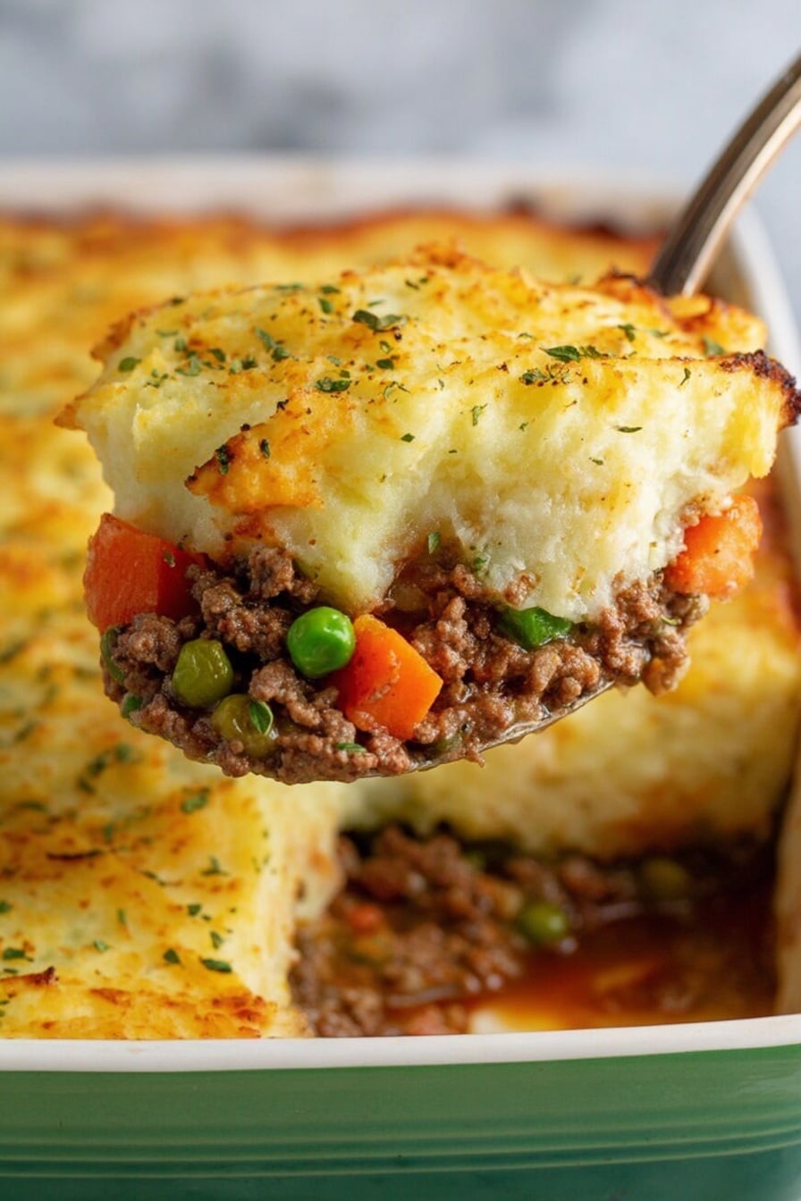 This image shows a white rectangular baking dish filled with shepherd's pie. The top layer is golden brown mashed potatoes with baked slightly crispy, uneven spots and small green herbs sprinkled on top. One corner of the dish is missing potatoes, revealing a rich brown meat layer underneath with pieces of ground meat, small orange carrots, and green peas in a thick sauce. A silver spoon rests inside the dish, scooping some meat and vegetables. The dish sits on a white marbled surface photo taken with an iphone --ar 2:3 --v 7 - Classic Shepherd's Pie with Lamb or Beef and Rich Gravy, shepherd's pie recipe, lamb shepherd's pie, beef cottage pie, hearty comfort food recipes