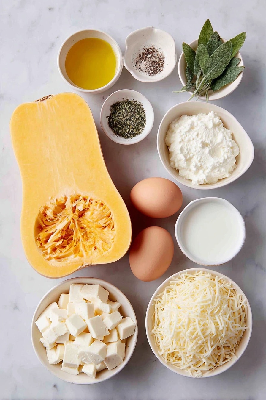 Flat lay of a large peeled butternut squash cut into half-inch cubes, a small white ceramic bowl of olive oil, a small white ceramic bowl with dried sage, a small white ceramic bowl with dried thyme, a small white ceramic bowl of salt, a small white ceramic bowl of black pepper, a small white ceramic bowl of milk, a small white ceramic bowl filled with ricotta cheese, a small white ceramic bowl of grated mozzarella cheese, one whole uncracked brown egg, two whole garlic cloves, a few sprigs of fresh chopped basil arranged loosely, a stack of uncooked lasagna sheets fanned out neatly, placed on a clean white marble surface, soft natural light, photo taken with an iPhone, professional food photography style, fresh ingredients, white ceramic bowls, no bottles, no duplicates, no utensils, no packaging --ar 2:3 --v 7 --p awthu7i m7354615311229779997 - Butternut Squash Lasagna, healthy vegetarian lasagna, fall comfort food recipes, easy butternut squash dinner, cheesy vegetable lasagna