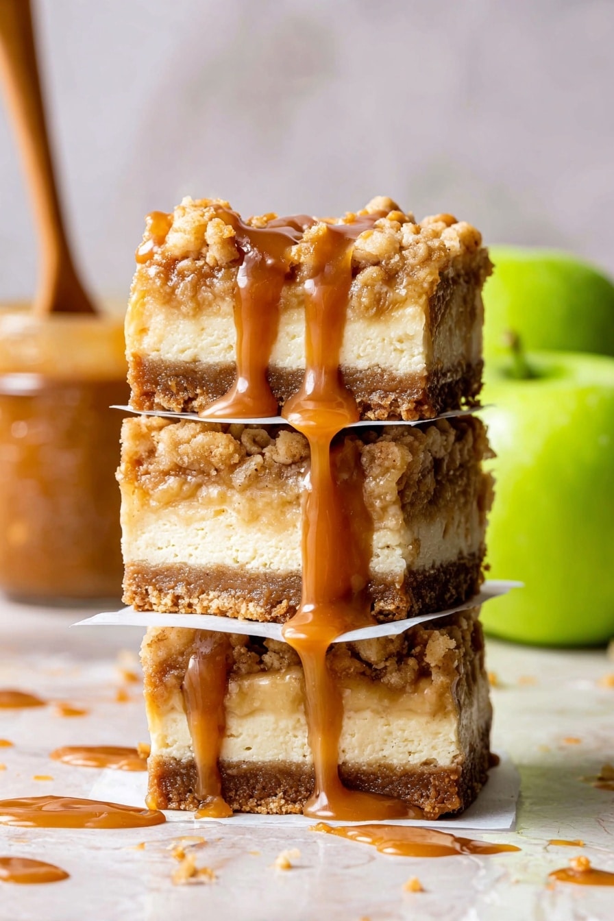 A stack of three dessert bars sits on a white marbled surface, each separated by a thin square of white paper. Each bar has three layers: a bottom thick golden brown crumbly crust, a middle creamy white cheesecake layer, and a top crumbly golden layer with bits of nuts or streusel. Rich caramel sauce is generously drizzled over the top and sides of all three bars, with some caramel flowing down and pooling slightly at the base. In the background, there is a blurred glass jar filled with caramel and a spoon sticking out, next to a pair of bright green apples. Photo taken with an iphone --ar 2:3 --v 7 - Caramel Apple Cheesecake Bars, fall dessert, apple cheesecake bars, caramel dessert bars, easy apple cheesecake recipe