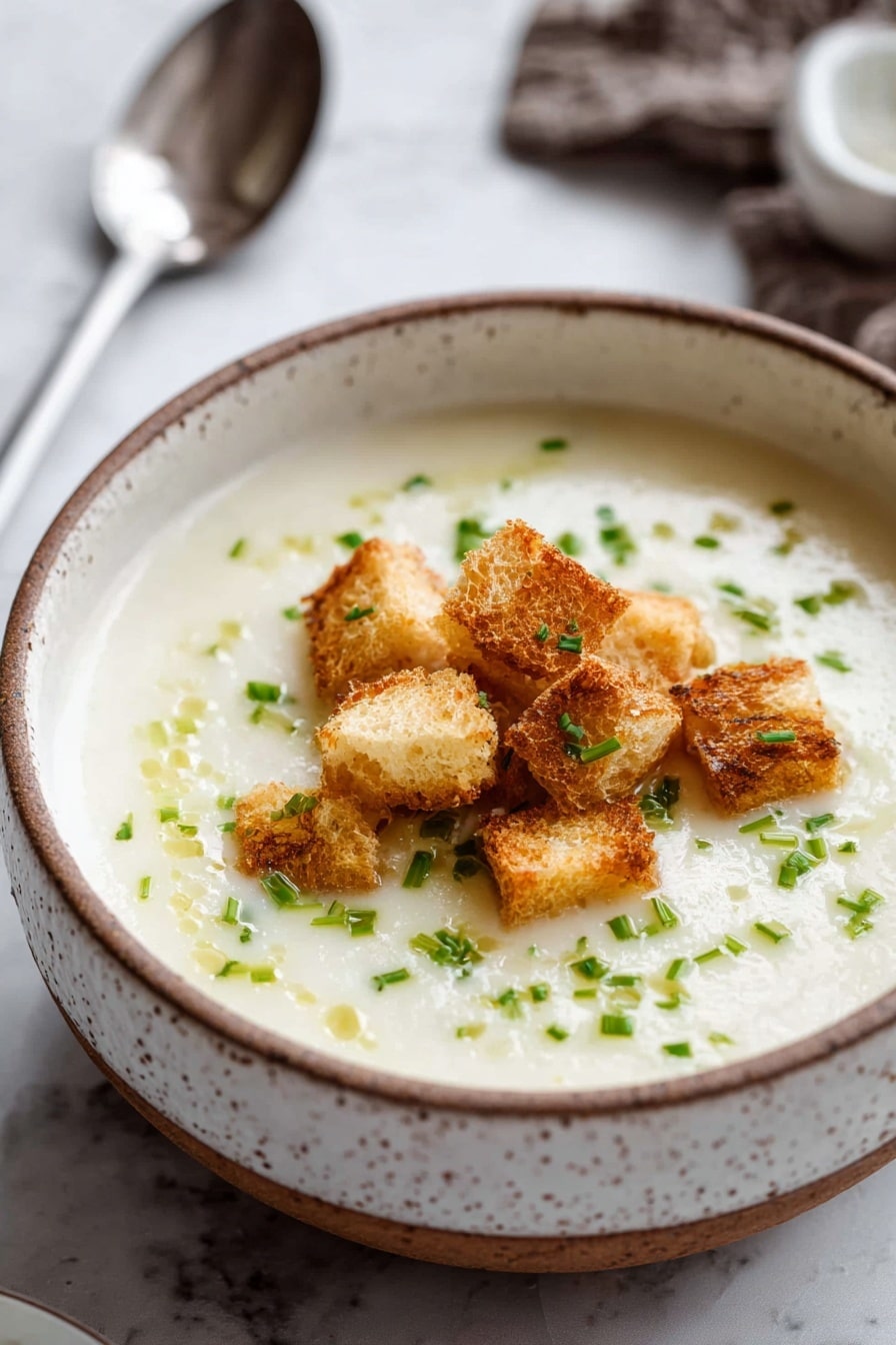 A small white oval bowl filled with creamy, pale yellow soup forms the base layer, topped with scattered small green chopped chives that add texture and color. Bright yellow drops of olive oil are delicately drizzled across the surface, along with a light sprinkle of fine black pepper, creating a speckled effect. The bowl sits on a white marbled surface, and partial views of similar bowls surround it, emphasizing the cozy and fresh presentation. Photo taken with an iphone --ar 2:3 --v 7 - Creamy Roasted Garlic Potato Soup, roasted garlic potato soup, easy potato soup recipe, comforting garlic potato soup, hearty potato soup