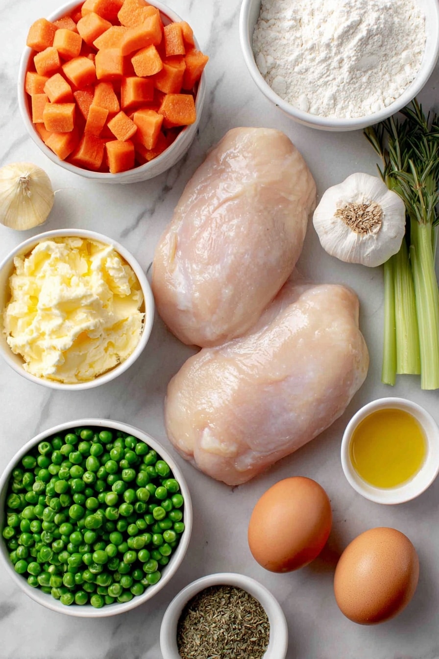 Flat lay of bone-in skinless chicken breasts with pale pink flesh and smooth skin, a small yellow onion whole and unpeeled, three whole garlic cloves unbroken, two bright green celery stalks, a handful of fresh diced orange carrots, a small mound of vibrant green frozen peas, a small white bowl filled with golden olive oil, a small white bowl with pale yellow melted butter, a small white bowl holding off-white half and half cream, a small white bowl with fine white cake flour, a small white bowl with light brown granulated sugar, two whole brown eggs with clean uncracked shells, a small white bowl containing a mixture of dried herbs including basil, parsley, thyme, rosemary, and a small white bowl of chicken broth with a rich amber tone, arranged symmetrically on a clean white marble surface, soft natural light, photo taken with an iPhone, professional food photography style, fresh ingredients, white ceramic bowls, no bottles, no duplicates, no utensils, no packaging --ar 2:3 --v 7 --p awthu7i m7354615311229779997 - Homestyle Chicken and Dumplings, comforting chicken and dumplings, hearty chicken stew with dumplings, homemade chicken and dumplings recipe, soul-warming chicken and dumplings