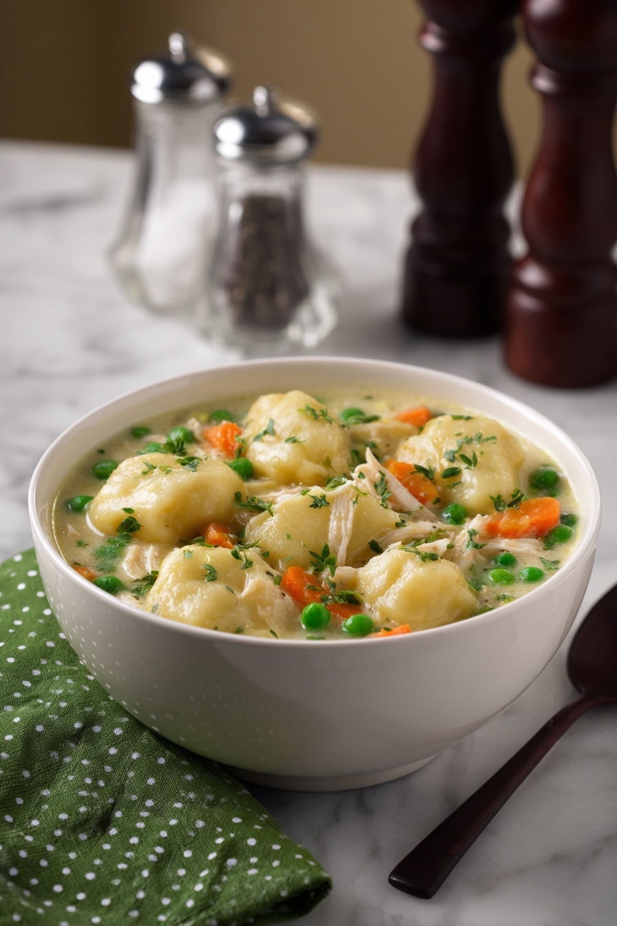 A close-up view of a white pot filled with a creamy stew, showing many light beige dumplings floating on top. Below the dumplings, small pieces of orange carrot, light green celery, and shredded light beige chicken are visible in the thick, pale sauce. Tiny green herb flecks are sprinkled across the dumplings and stew. A silver ladle is partially submerged in the pot, with a blue spoon inside the pot scooping some stew. The pot is placed on a white marbled surface with a green cloth nearby. photo taken with an iphone --ar 2:3 --v 7 - Homestyle Chicken and Dumplings, comforting chicken and dumplings, hearty chicken stew with dumplings, homemade chicken and dumplings recipe, soul-warming chicken and dumplings