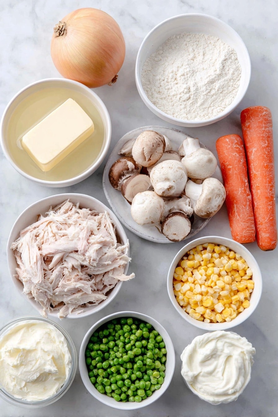 Flat lay of unsalted butter in a simple white ceramic bowl, a medium whole yellow onion with its smooth skin, two medium fresh carrots whole, two celery stalks with leafy tops, white and brown mushrooms sliced in a white bowl, three whole uncracked garlic cloves, a small white bowl filled with all-purpose flour, a small white bowl with clear chicken stock, Yukon gold potatoes peeled and sliced into thin rounds, shredded cooked chicken neatly piled, a small white bowl of bright green frozen peas, a small white bowl of yellow corn kernels, a small white bowl with creamy whipping cream, and a small pile of fresh green parsley leaves placed on a clean white marble surface, soft natural light, photo taken with an iPhone, professional food photography style, fresh ingredients, white ceramic bowls, no bottles, no duplicates, no utensils, no packaging --ar 2:3 --v 7 --p awthu7i m7354615311229779997 - Creamy Chicken Pot Pie Soup, Chicken Pot Pie Soup, Comfort Food Recipes, Easy Chicken Soup, Cozy Fall Recipes