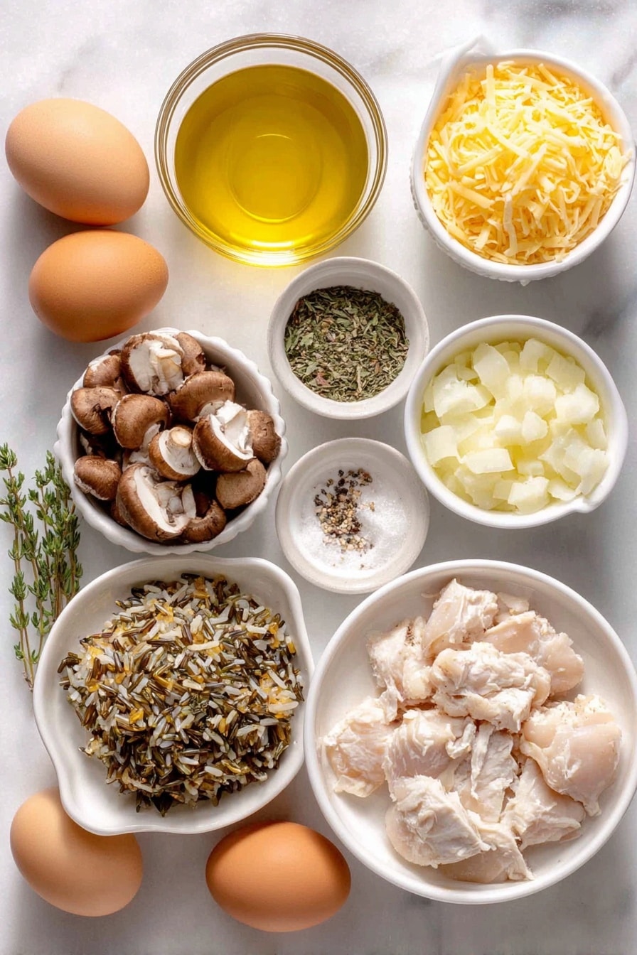 Flat lay of raw wild rice mixture in a small white ceramic bowl, a small diced yellow onion in a white bowl, sliced brown cremini mushrooms arranged beside it, cubed raw boneless skinless chicken breasts neatly placed on a white plate, a small white bowl of golden olive oil, dried basil and dried thyme leaves sprinkled artfully on the surface, a few whole uncracked brown eggs with clean shells, a small white bowl holding creamy condensed mushroom soup, a small white bowl of smooth sour cream, a small white bowl of clear chicken broth, a small pile of shredded sharp cheddar cheese on a white plate, salt and black pepper flakes delicately scattered for visual balance placed on a clean white marble surface, soft natural light, photo taken with an iPhone, professional food photography style, fresh ingredients, white ceramic bowls, no bottles, no duplicates, no utensils, no packaging --ar 2:3 --v 7 --p awthu7i m7354615311229779997 - Creamy Chicken Wild Rice Casserole, delicious chicken casserole, hearty rice casserole, easy comfort food, cheesy chicken and rice dish