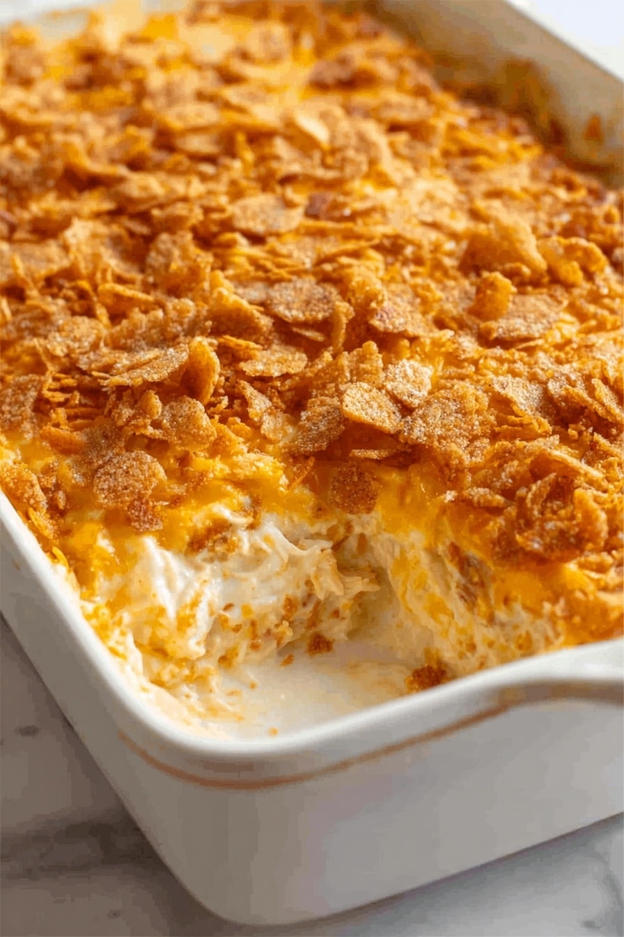 A white rectangular dish filled with a creamy casserole that has been scooped out from one corner, revealing a smooth, thick white sauce mixed with tender pieces of chicken underneath a layer of crispy shredded cheddar cheese and golden, crunchy broken cracker pieces spread evenly on top. The top layer has a toasted texture with a mix of orange and light brown shades from the melted cheese and baked crackers. The dish sits on a white marbled surface. Photo taken with an iphone --ar 2:3 --v 7 - Cheesy Chicken Casserole, easy chicken casserole, creamy chicken bake, cheesy chicken dinner, weeknight chicken recipes