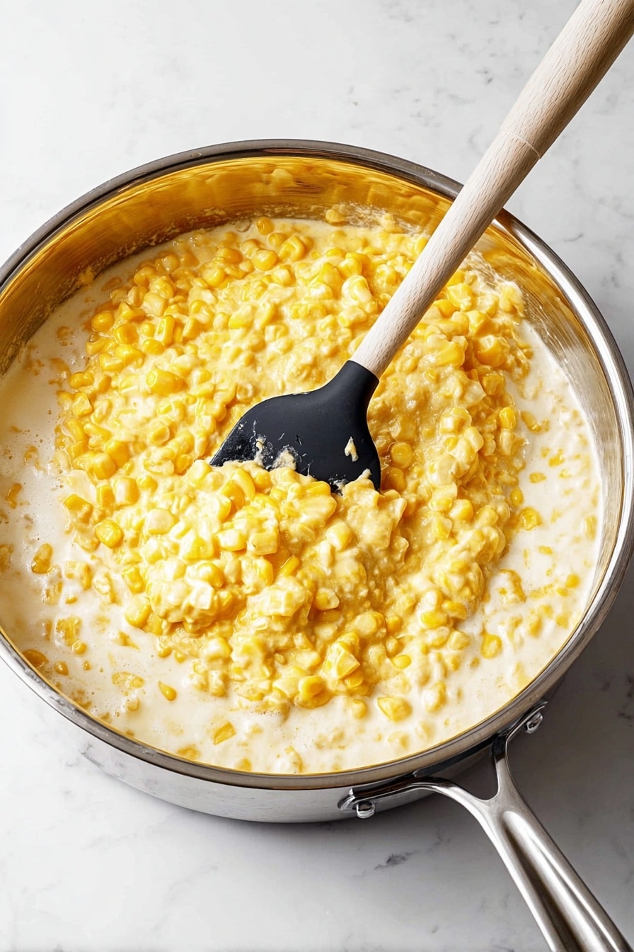 A shiny stainless steel pan filled with creamy corn that has two main layers: the bottom layer shows plump yellow corn kernels in a white creamy sauce, while the top layer is a thicker, more solid yellow corn mixture that looks soft and slightly lumpy. A black spatula with a light wooden handle is scooping some of the thicker yellow layer from the center, with a white marbled surface underneath the pan. photo taken with an iphone --ar 2:3 --v 7 - Creamed Corn, Creamed Corn Recipe, Easy Creamed Corn, Cozy Side Dish, Comforting Corn Dish