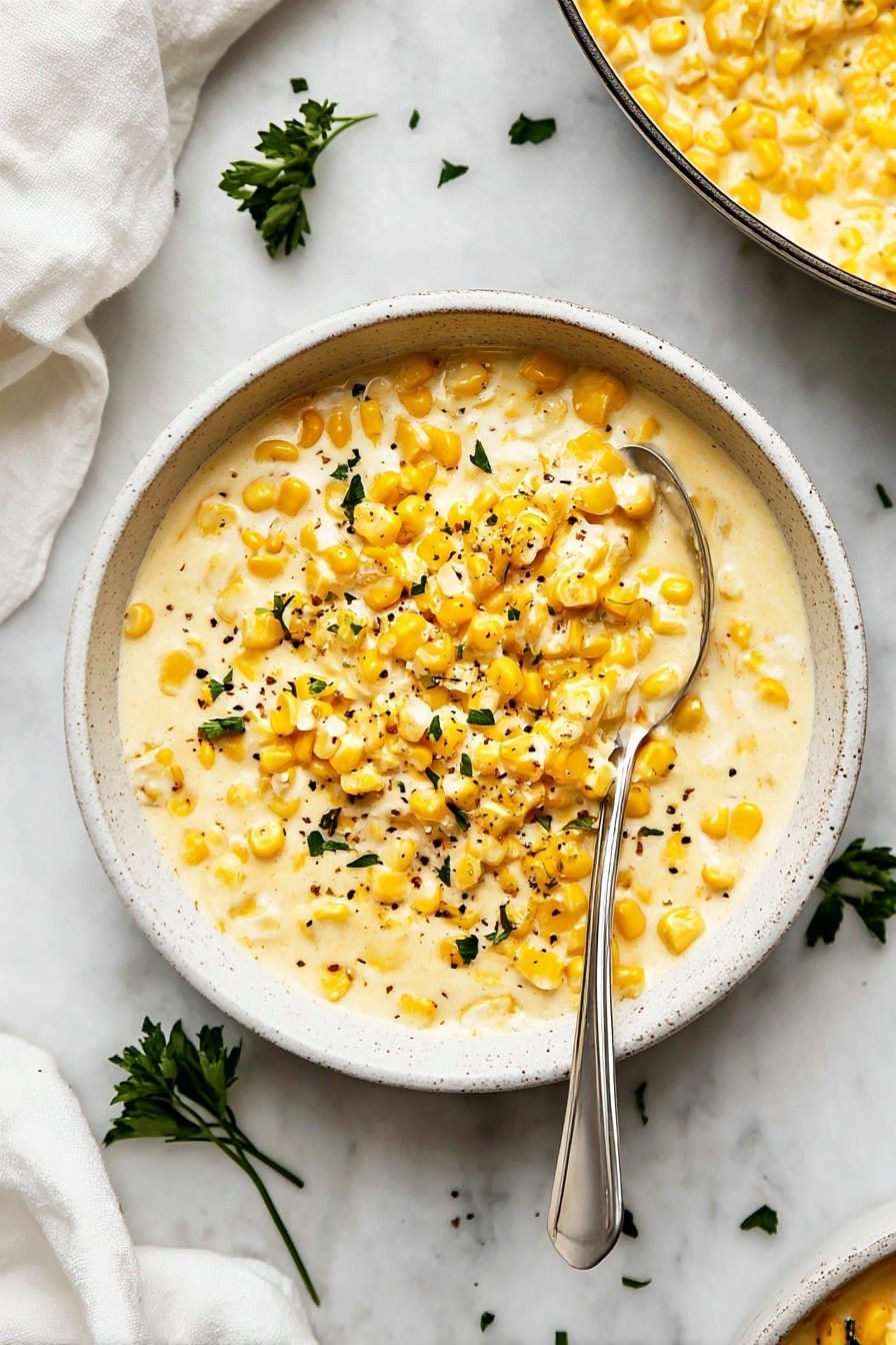 The image shows a bowl filled with creamy corn in a smooth, light yellow sauce mixed with bright yellow corn kernels. The corn is topped with small pieces of green parsley and sprinkled with black pepper. A spoon is partially inside the bowl, scooping some of the creamy corn. The bowl is white with a rough texture on the outside, placed on a white marbled surface with some green parsley scattered around. There is also a white cloth nearby and part of a pan with the same creamy corn mixture visible in the top right corner. Photo taken with an iphone --ar 2:3 --v 7 - Creamed Corn, Creamed Corn Recipe, Easy Creamed Corn, Cozy Side Dish, Comforting Corn Dish