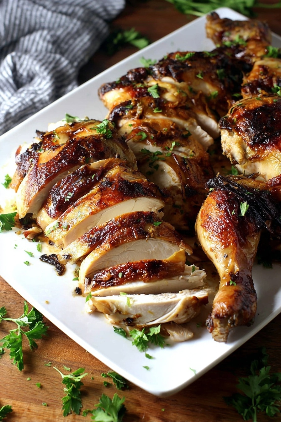 A white rectangular plate holds several pieces of cooked chicken with a golden brown crispy skin, some parts darker and slightly charred. The chicken is sliced into thick slices arranged in layers from left to right, showing tender white meat inside. There is a whole chicken leg placed on the bottom right corner of the plate. The chicken is sprinkled with fresh green parsley leaves for garnish. The plate rests on a wooden surface with scattered parsley leaves around and a gray striped cloth partially visible in the background. photo taken with an iphone --ar 2:3 --v 7 - Perfect Roast Turkey, roast turkey recipe, crispy roast turkey, juicy roasted turkey, holiday turkey main dish