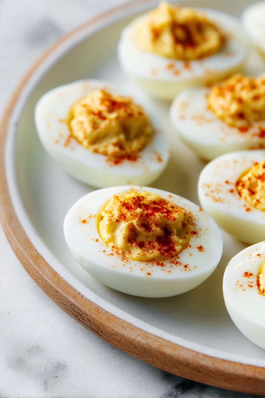 The image shows a white round plate with several halved boiled eggs neatly arranged. Each egg has two layers: a smooth, bright white egg white outer layer forming the base and a creamy, pale yellow yolk mixture filling the hollow center, topped with a light dusting of reddish-orange spice, likely paprika. The eggs are placed on a white marbled surface, and the plate has a thin wooden rim. The focus is close on the eggs, showing their moist texture and soft yolk filling clearly. Photo taken with an iphone --ar 2:3 --v 7 - Best Classic Deviled Eggs, deviled eggs recipe, easy deviled eggs, creamy deviled eggs, party appetizer ideas