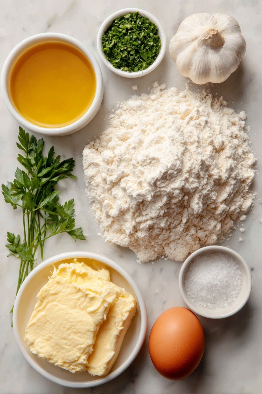 Flat lay of a small mound of white bread flour, a single large brown egg with an uncracked shell, a small white ceramic bowl of warm milk, a few granules of sugar scattered near the bowl, a pinch of salt crystals, a fresh whole garlic clove, a few sprigs of bright green chopped fresh parsley, a small white ceramic bowl of golden vegetable oil, and a small white ceramic bowl with melted butter, placed on a clean white marble surface, soft natural light, photo taken with an iPhone, professional food photography style, fresh ingredients, white ceramic bowls, no bottles, no duplicates, no utensils, no packaging --ar 2:3 --v 7 --p awthu7i m7354615311229779997 - Garlic Butter Dinner Rolls, soft dinner rolls recipe, homemade garlic rolls, buttery dinner rolls, easy bread rolls