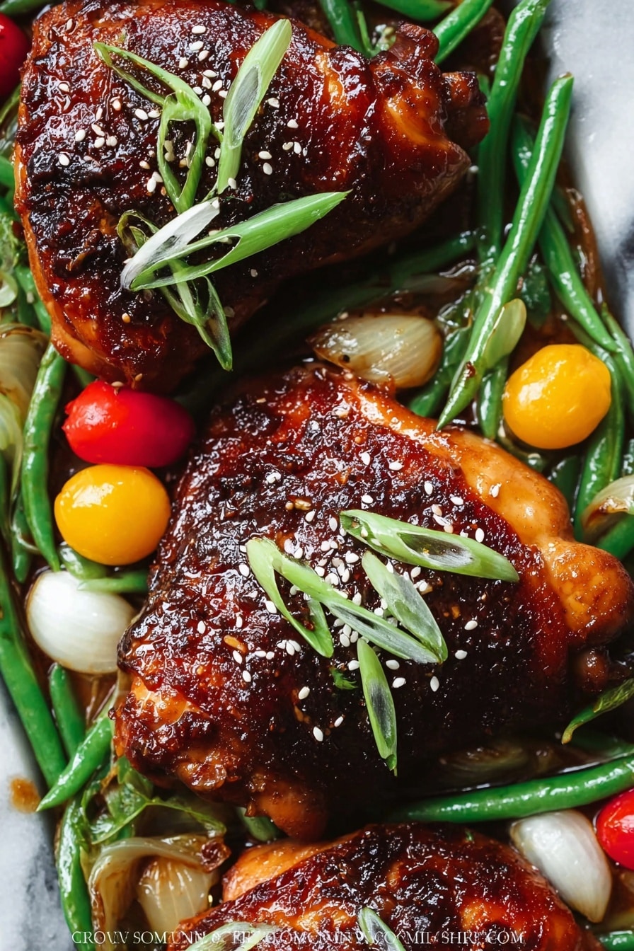 The image shows three pieces of dark brown cooked chicken with a shiny glaze, arranged close together on a white marbled surface. Each piece is topped with light green, thinly sliced curled spring onions and sprinkled with small white sesame seeds. Surrounding the chicken are bright green long beans, small yellow pearl onions, and a few red cherry tomatoes, adding color contrast. The chicken skin looks crispy with a slightly charred texture on some parts, creating a rich, savory appearance. photo taken with an iphone --ar 2:3 --v 7 - Honey Soy Glazed Chicken Quarters, easy chicken dinner, flavorful baked chicken, tender chicken thighs, caramelized chicken glaze