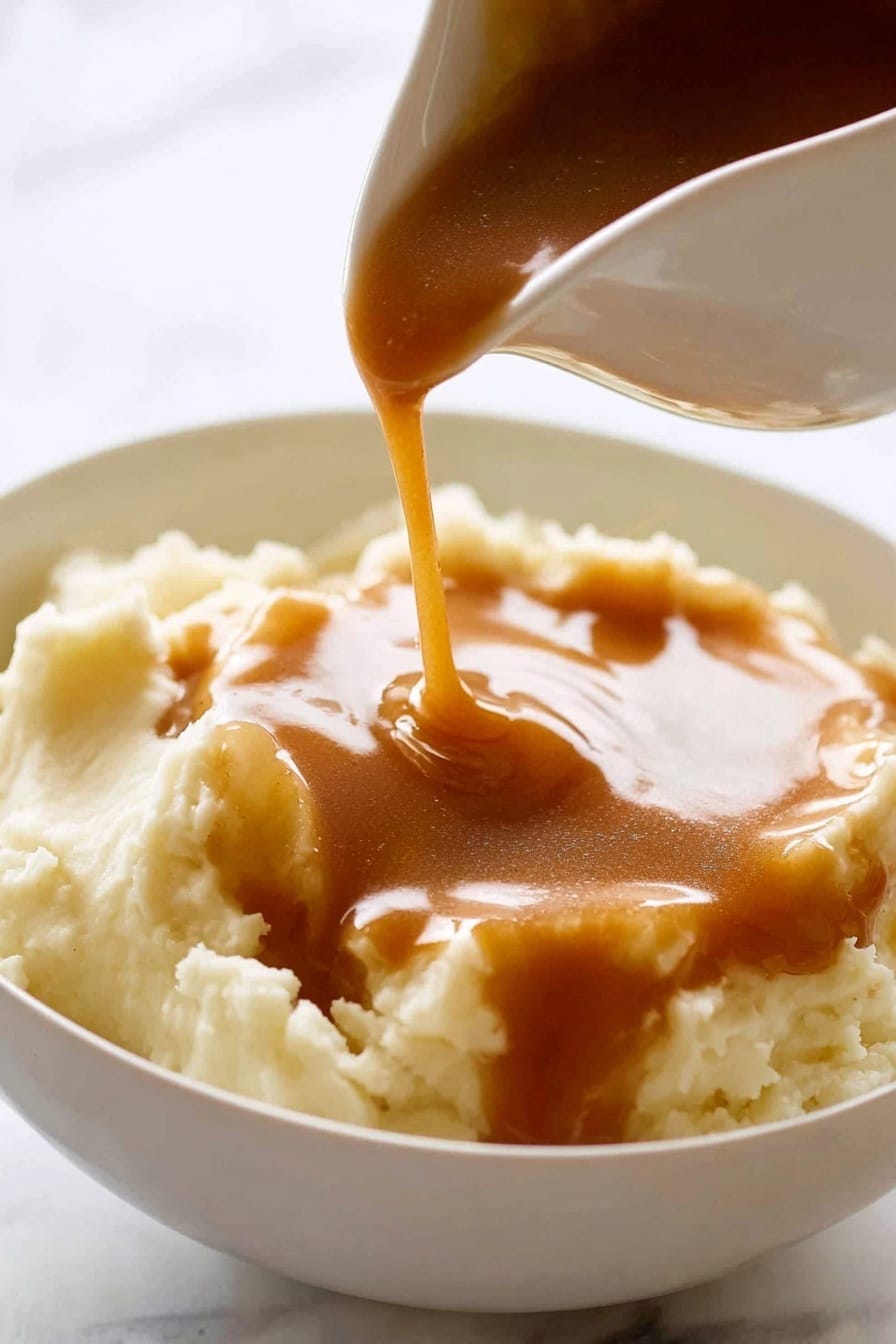 A close-up shows a white bowl filled with a creamy, pale yellow mashed potato layer that looks smooth and soft. On top, a thick, glossy brown gravy is being poured from a white gravy boat, creating a shiny, flowing layer over the mashed potatoes. The background surface is white with a marble texture. photo taken with an iphone --ar 2:3 --v 7 - KFC copycat flavor gravy, homemade gravy recipe, quick gravy recipe, easy comfort food gravy, savory gravy for chicken and mashed potatoes
