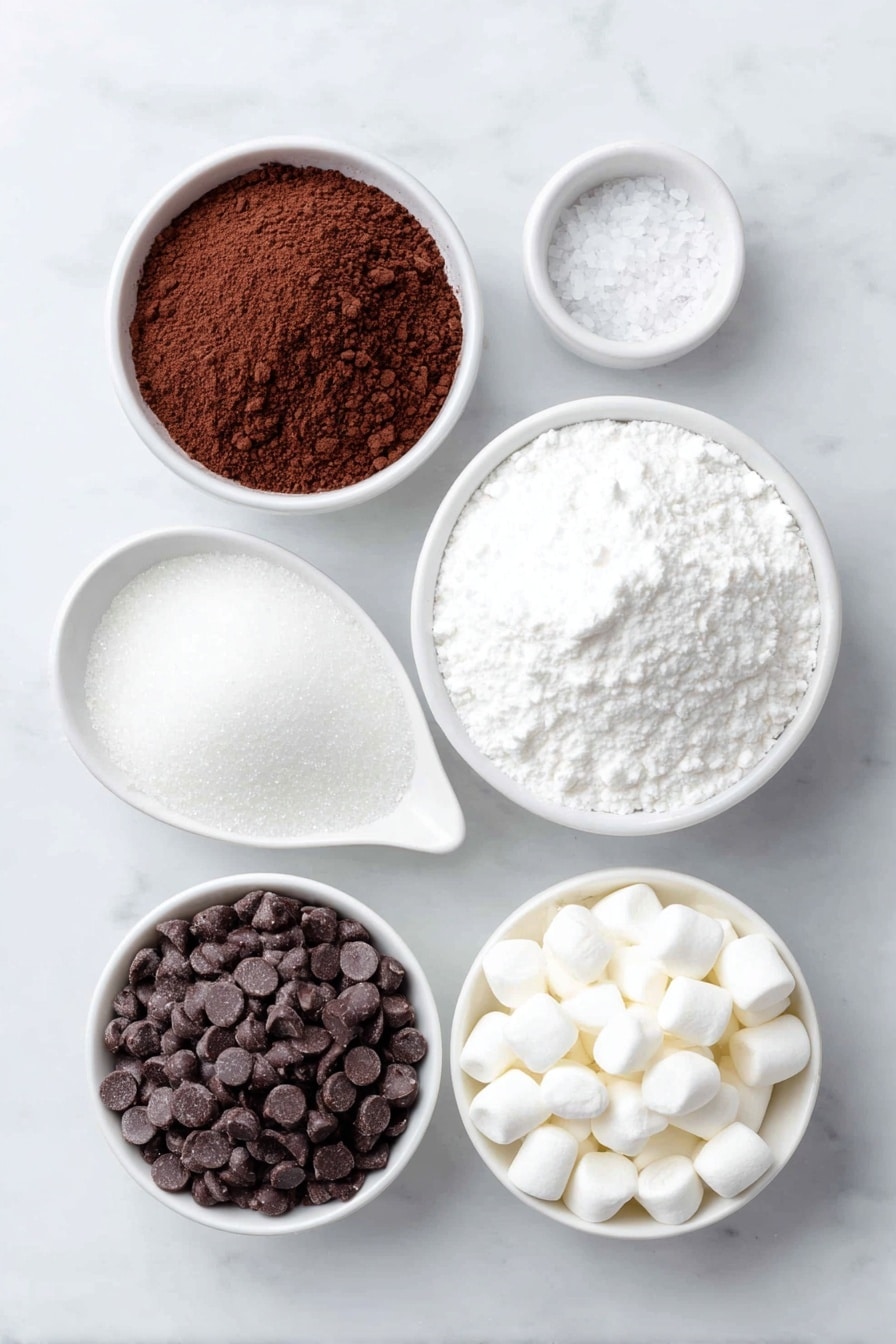Flat lay of a small white ceramic bowl of granulated sugar, a small white ceramic bowl of rich dark cocoa powder, a tiny pinch of coarse kosher salt on a white ceramic spoon-shaped dish, a simple white ceramic bowl filled with glossy semi-sweet chocolate chips, a small white ceramic bowl with fine chocolate milk powder, and another small white ceramic bowl holding fluffy white mini marshmallows, all arranged symmetrically and balanced, placed on a clean white marble surface, soft natural light, photo taken with an iPhone, professional food photography style, fresh ingredients, white ceramic bowls, no bottles, no duplicates, no utensils, no packaging --ar 2:3 --v 7 --p awthu7i m7354615311229779997 - Hot Chocolate Bombs, Hot Chocolate Bombs Recipe, Easy Hot Chocolate Bombs, Homemade Hot Chocolate Bombs, Christmas Hot Chocolate Bombs