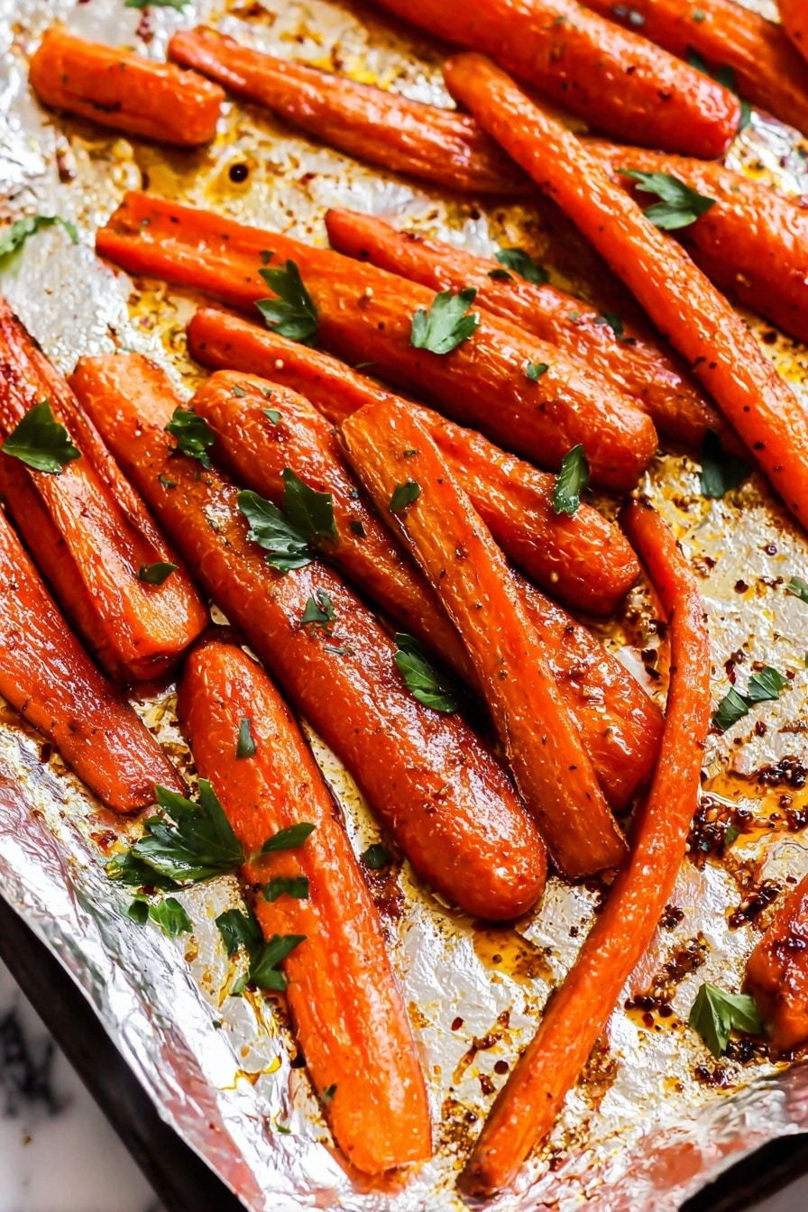 The image shows a baking tray covered with shiny silver foil holding several roasted carrots. The carrots are cut into long pieces, some whole and some sliced lengthwise, with a bright orange color and a slightly caramelized texture. Small green parsley leaves are scattered on top for garnish. The foil has spots of roasted oil and seasoning, adding an appetizing glistening effect. The background surface is a white marbled texture. Photo taken with an iphone --ar 2:3 --v 7 - Maple Roasted Carrots, roasted carrot side dish, sweet roasted carrots, healthy vegetable recipes, festive side dishes