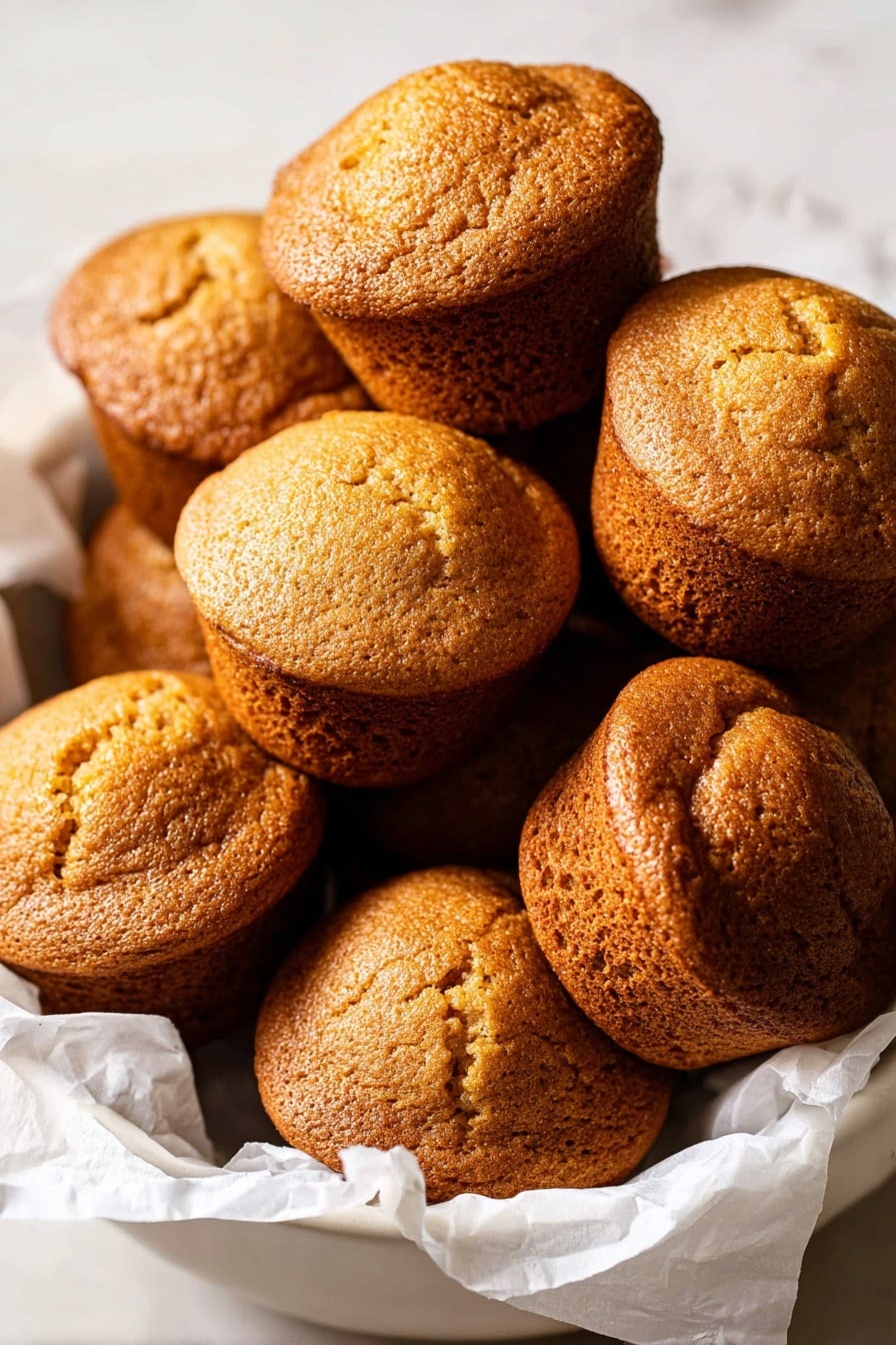 A white bowl lined with crinkled white parchment paper holds a pile of golden brown muffins with rounded, cracked tops and slightly darker sides, visibly soft and moist in texture. The muffins are stacked irregularly, some standing upright while others rest on their sides, showing the porous crumb of their layers. The scene is set on a white marbled surface with soft natural light casting gentle shadows that highlight the muffin tops’ fine cracks and rich warm color. Photo taken with an iphone --ar 2:3 --v 7 - Best Pumpkin Muffins, pumpkin muffins, fall muffin recipes, moist pumpkin muffins, pumpkin spice muffins