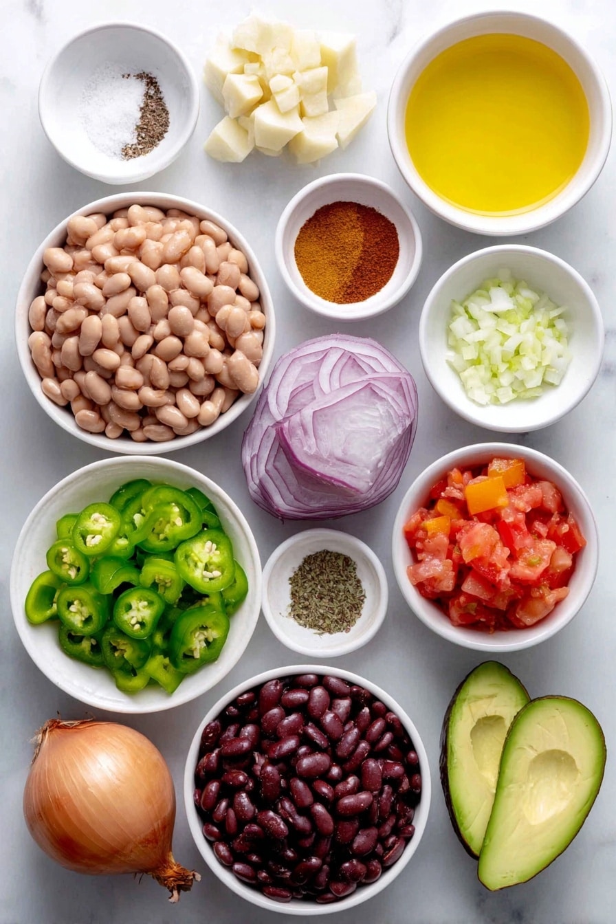 Flat lay of a small white ceramic bowl of golden olive oil, half a large yellow onion roughly chopped, one green bell pepper diced, one red bell pepper diced, one small bright green jalapeño minced, three garlic cloves whole and unpeeled, a small white bowl of coarse salt, a small white bowl of freshly ground black pepper, a small white bowl of warm brown ground cinnamon, a small white bowl of light brown ground cumin, a small white bowl of deep red chili powder, a small white bowl of pale beige onion powder, a small white bowl of rich vegetable broth, a simple white ceramic bowl filled with bright red petite diced tomatoes, a small white ceramic bowl with rinsed light brown pinto beans, a small white ceramic bowl holding dark red kidney beans, a small white ceramic bowl of smooth orange pumpkin puree, a fresh large sweet potato peeled and diced into cubes, a small white ceramic bowl with shiny black beans, a small pile of freshly chopped bright green cilantro leaves, finely chopped vivid purple-red onion, and sliced ripe green avocado arranged with perfect symmetry, placed on a clean white marble surface, soft natural light, photo taken with an iPhone, professional food photography style, fresh ingredients, white ceramic bowls, no bottles, no duplicates, no utensils, no packaging --ar 2:3 --v 7 --p awthu7i m7354615311229779997 - Vegetarian Pumpkin Chili, Healthy Pumpkin Chili, Cozy Vegetarian Dinner, Fall Vegetarian Recipes, Hearty Pumpkin Chili