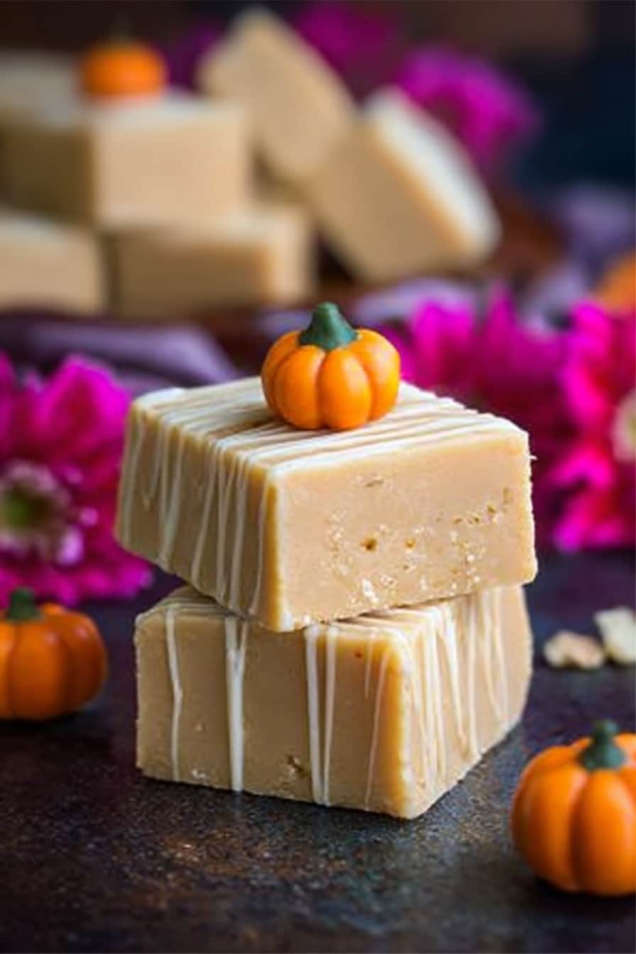 The image shows two square pieces of light beige fudge with a smooth texture and white drizzle lines creating a crisscross pattern on top. Each fudge piece is decorated with a tiny bright orange pumpkin made of icing and a small green stem. These fudge squares sit on a white plate that rests on a dark wooden surface. In the background, there are bright pink flowers and a small orange pumpkin that add warm, autumn colors to the scene, all set against a white marbled texture. photo taken with an iphone --ar 2:3 --v 7 - Pumpkin White Chocolate Fudge, pumpkin fudge, white chocolate fudge, fall dessert recipes, easy holiday fudge