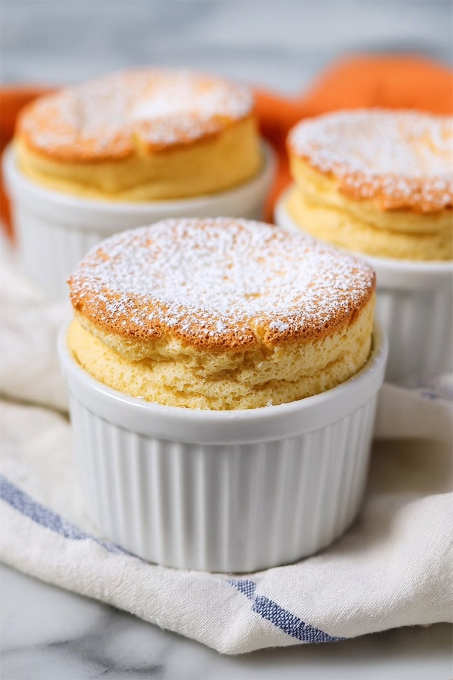 Three light golden soufflés rise above the top edges of white ramekins, each soufflé topped with a dusting of fine white powdered sugar. The soufflés have a soft, airy texture with a slightly browned crust on top. They are placed on a white marbled surface with a soft, blurred background that includes a hint of an orange object. The image shows a close-up, focusing on the front soufflé with the other two gently out of focus behind it. Photo taken with an iphone --ar 2:3 --v 7 - Pumpkin Souffle, pumpkin souffle recipe, fall dessert ideas, easy pumpkin desserts, fluffy pumpkin souffle