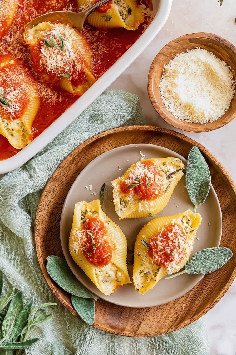 Three stuffed pasta shells sit on a round wooden plate, which is placed on a white plate. Each shell is filled with a yellow, creamy mixture and topped with a small spoonful of red tomato sauce, light sprinklings of grated cheese, and tiny green herb leaves. Fresh green sage leaves lie underneath the shells on the wooden plate. To the top left, a white baking dish contains the same shells covered in red tomato sauce with melted cheese on top. A small wooden bowl filled with white grated cheese is placed above the plates. The background features a light green cloth on a white marbled surface. photo taken with an iphone --ar 2:3 --v 7 - Pumpkin Ricotta Stuffed Shells, Pumpkin stuffed pasta recipes, Autumn comfort food, Fall pumpkin dinner ideas, Easy stuffed shells with pumpkin