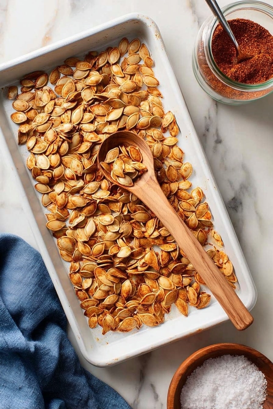 A metal baking sheet holds a single layer of golden brown roasted pumpkin seeds spread out evenly on white parchment paper. A wooden spoon filled with more roasted seeds rests near the right side of the sheet, its handle extending outwards. The baking sheet is placed on a white marbled surface with a blue cloth partially visible on the lower left corner and a round wooden bowl with salt in the lower right corner. The seeds show slight color variation from light to darker golden brown, giving a roasted texture. photo taken with an iphone --ar 2:3 --v 7 - Crunchy Roasted Pumpkin Seeds with Chili, spicy roasted pumpkin seeds, healthy fall snacks, homemade pumpkin seed snack, easy spicy seed recipe