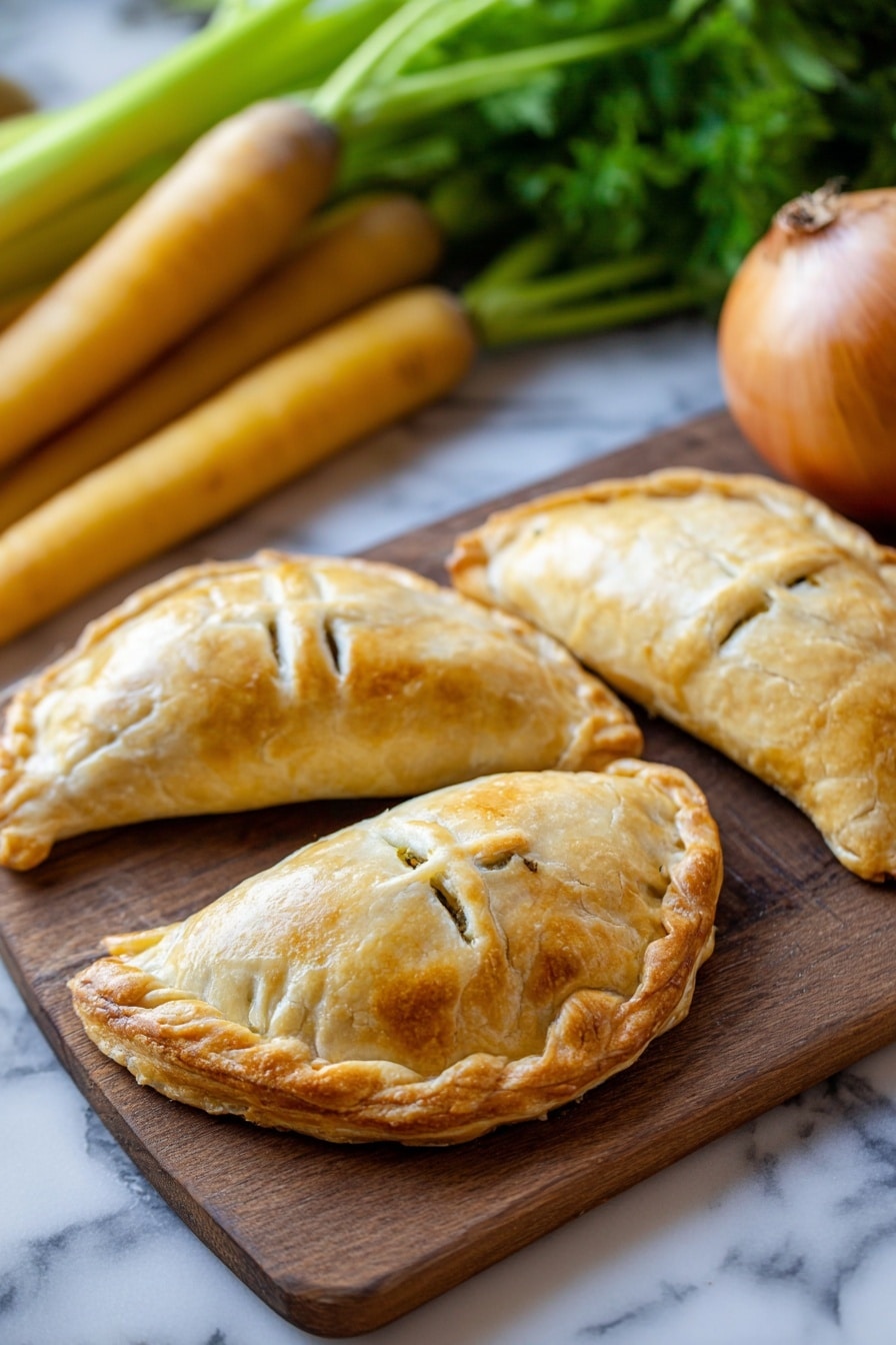 The image shows two golden brown empanadas on a wooden board with crimped edges and steam vents on top, one near the center and the other at the bottom right corner. Above the empanadas, there are several long, yellow carrots laid out diagonally from left to right. To the upper right of the carrots, there is a large onion with a textured skin. The background is a white marbled texture. photo taken with an iphone --ar 2:3 --v 7 - Handheld Chicken Pot Pie, portable chicken pot pie, portable savory pies, easy handheld comfort food, flaky crust chicken pie