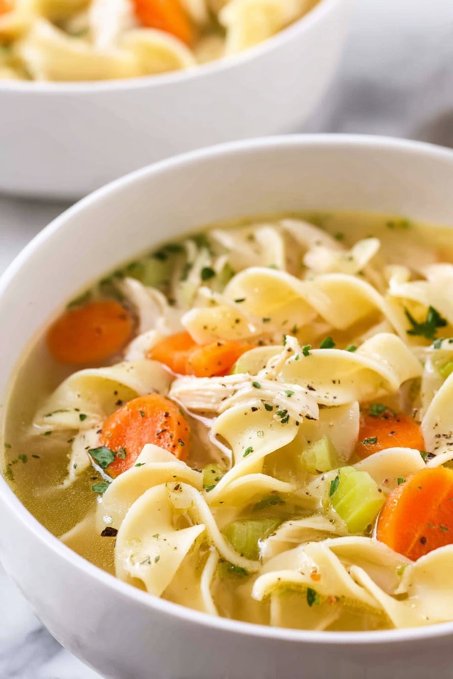 A close-up view of a white bowl filled with chicken noodle soup, showing three main layers: the broth layer is clear with a light golden color covering the whole bowl; the noodle layer has wide, pale yellow egg noodles swirled softly around the bowl's middle space; the vegetable layer has bright orange carrot slices and light green celery pieces scattered evenly on top and throughout; small bits of green herbs and black pepper are sprinkled across the surface, adding color and texture contrast; the background is a white marbled texture with a blurred second white bowl behind it. photo taken with an iphone --ar 2:3 --v 7 - Crockpot Chicken Noodle Soup, easy chicken noodle soup, slow cooker chicken soup, hearty chicken soup recipe, comfort food recipes