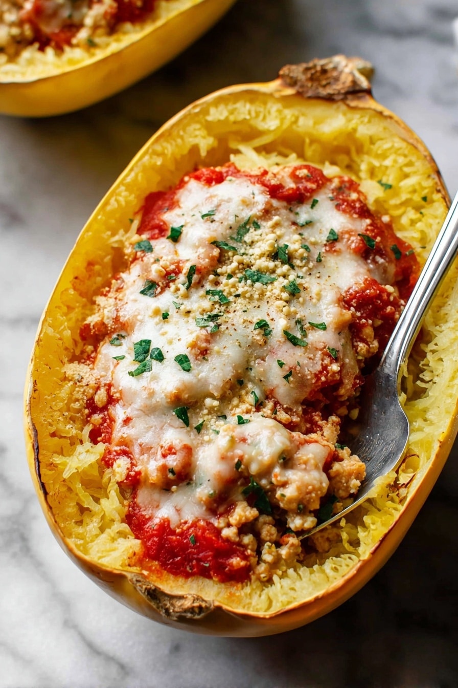 The dish shows a yellow spaghetti squash cut in half lengthwise, placed on a white marbled surface. The hollow center of the squash acts as a bowl, holding a bright red tomato sauce mixed with small crumbles of light beige tofu or ground protein. On top, there is a melted white cheese layer with melted texture, scattered with green parsley flakes and small crunchy-looking granules that add a textured contrast. A silver spoon is inserted into one half of the squash, ready to scoop. The edges of the squash show a slightly roasted look with a soft yellow flesh inside. photo taken with an iphone --ar 2:3 --v 7 - Spaghetti Squash Lasagna Bake, healthy spaghetti squash lasagna, low-carb vegetable lasagna, easy baked zucchini lasagna, gluten-free veggie lasagna