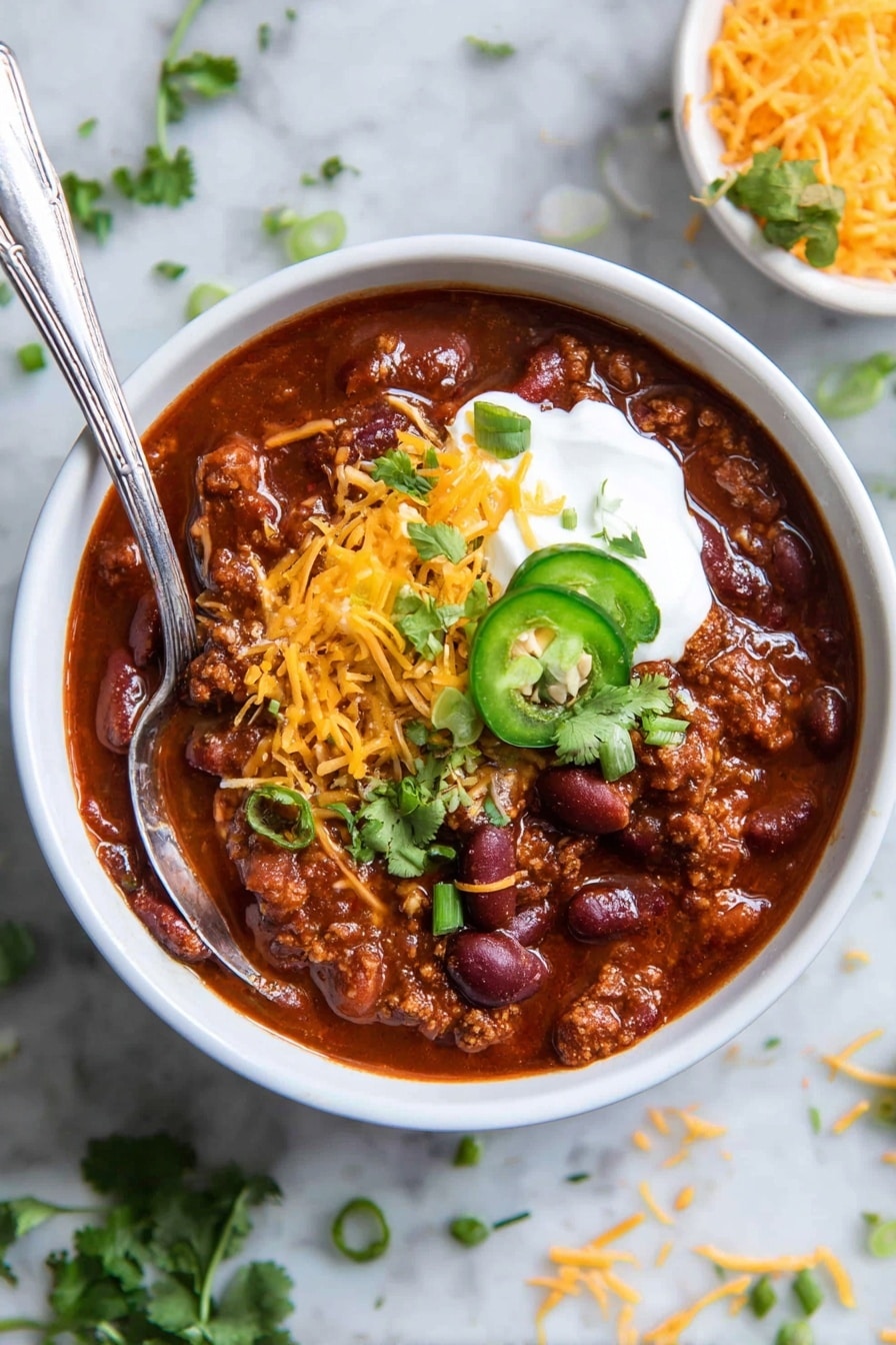 The image shows a white bowl filled with thick chili made of dark red beans and brown meat in a deep red sauce. On top, there is a layer of bright orange shredded cheese, a dollop of white sour cream, and green chopped spring onions with a slice of green jalapeño pepper and fresh cilantro leaves. A silver spoon is placed inside the bowl. The bowl sits on a white marbled surface with some scattered shredded cheese and green herb sprigs nearby. Photo taken with an iphone --ar 2:3 --v 7 - Healthy Turkey Chili, healthy chili recipes, turkey chili with beans, low-fat chili dinner, nourishing comfort food
