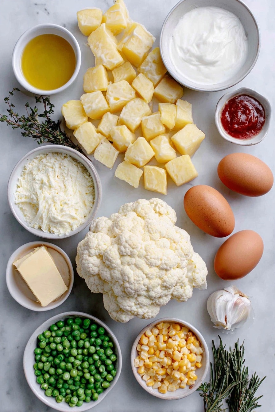 Flat lay of peeled Yukon gold potatoes cut into 2-inch cubes, a large head of cauliflower broken into florets, whole uncracked brown eggs with clean shells, a small white bowl of plain Greek yogurt, a small white bowl of milk, a small white bowl of lower sodium chicken broth, a few pats of butter, a small white bowl of olive oil, fresh chopped onion, two peeled and diced carrots, two diced celery ribs, three cloves of fresh garlic, a small white bowl of flour, a small white bowl of tomato paste, a small white bowl of Worcestershire sauce, fresh sprigs of thyme and rosemary chopped, a small pile of frozen corn kernels, a small pile of frozen peas placed on a clean white marble surface, soft natural light, photo taken with an iPhone, professional food photography style, fresh ingredients, white ceramic bowls, no bottles, no duplicates, no utensils, no packaging --ar 2:3 --v 7 --p awthu7i m7354615311229779997 - Healthy Turkey Shepherd's Pie, healthy shepherd's pie recipe, turkey comfort food, nutritious comfort dinner, light shepherd's pie