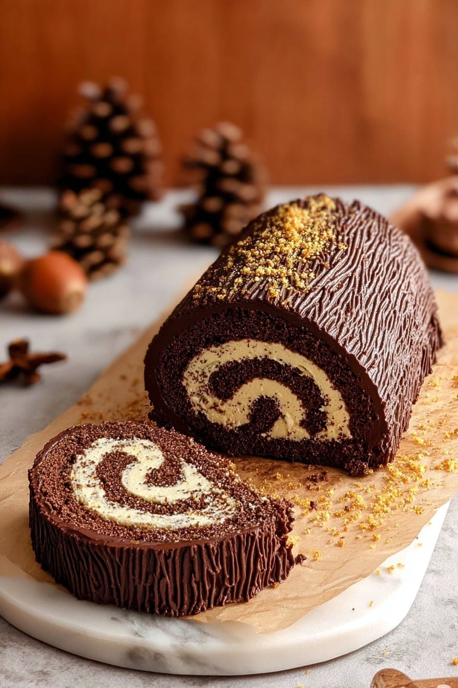 A chocolate roll cake with one large piece and one smaller round slice placed in front. The outer layer is covered in dark chocolate frosting with a textured wavy pattern that looks like tree bark. Inside, there are spiral layers of light cream and dark chocolate sponge cake, creating a swirl effect. The cake sits on a piece of parchment paper on a white marbled surface, sprinkled with crushed golden crumbs around it. In the background, there are pine cones and blurred warm brown tones adding a cozy feel. Photo taken with an iphone --ar 2:3 --v 7 - Chocolate Yule Log Cake, festive chocolate cake, holiday Yule log, Christmas dessert, rich chocolate cake