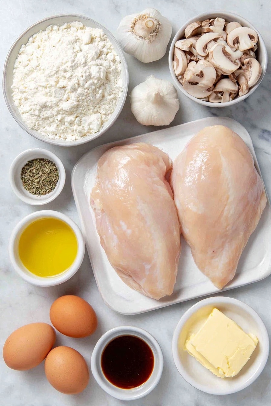 Flat lay of two raw chicken breasts with smooth pale pink skin, a small white ceramic bowl of white all-purpose flour, a few whole uncracked brown eggs, a small white ceramic bowl filled with golden olive oil, a small pat of creamy yellow butter on a white ceramic dish, a small white ceramic bowl holding sliced light brown cremini mushrooms, half a medium yellow onion chopped finely on a simple white plate, a small white ceramic bowl of grainy yellow Dijon mustard, a small white ceramic bowl containing dark brown Worcestershire sauce, three peeled garlic cloves scattered whole, a small white ceramic bowl with clear golden chicken broth, a small white ceramic bowl of thick white sour cream, a small pile of coarse salt crystals and a few whole black peppercorns placed neatly next to the ingredients, arranged with perfect symmetry and realistic proportions, placed on a clean white marble surface, soft natural light, photo taken with an iPhone, professional food photography style, fresh ingredients, white ceramic bowls, no bottles, no duplicates, no utensils, no packaging --ar 2:3 --v 7 --p awthu7i m7354615311229779997 - Easy Chicken Stroganoff, chicken stroganoff recipe, quick chicken dinner, creamy mushroom chicken, comforting weeknight meal