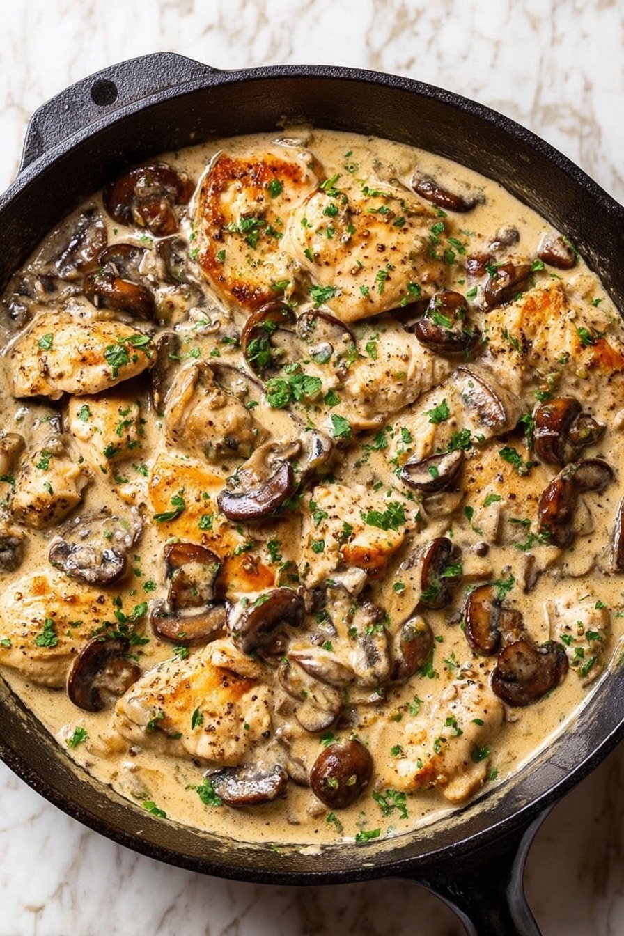 A close-up view of a black cast iron skillet filled with creamy chicken and mushroom dish in a light beige sauce. The top layer shows golden-brown browned pieces of chicken mixed evenly with dark brown sliced mushrooms, all coated in the creamy sauce and sprinkled with small green parsley bits and ground black pepper. The skillet sits on a white marbled surface. photo taken with an iphone --ar 2:3 --v 7 - Easy Chicken Stroganoff, chicken stroganoff recipe, quick chicken dinner, creamy mushroom chicken, comforting weeknight meal