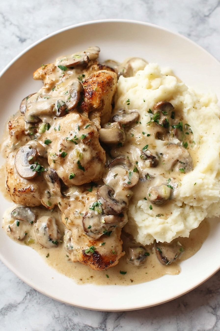 On a white plate, there is a serving of mashed potatoes that looks soft and creamy, positioned on the right side. The mashed potatoes are topped with a light brown creamy mushroom sauce with sliced mushrooms scattered on top, adding darker brown and beige tones. On the left side of the plate, there are several pieces of browned chicken, also covered in the same creamy mushroom sauce. The dish is sprinkled with small bits of green herbs for color contrast. The background has a white marbled texture. Photo taken with an iphone --ar 2:3 --v 7 - Easy Chicken Stroganoff, chicken stroganoff recipe, quick chicken dinner, creamy mushroom chicken, comforting weeknight meal
