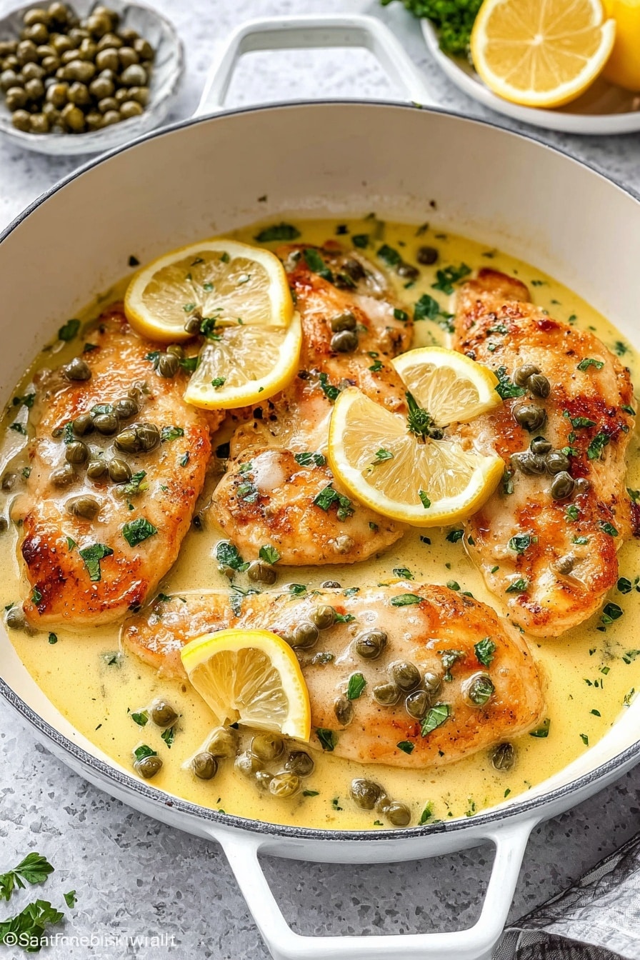 The image shows a white pan with three pieces of golden-brown cooked chicken layered at the bottom. The chicken is covered with a creamy yellow sauce that has small green capers scattered on top. There are small green parsley bits sprinkled over the sauce and chicken, and thin half-moon slices of bright yellow lemon placed on the chicken pieces. The pan handle is visible on the top and bottom sides. In the background, there is a white plate with capers and some green herbs on a white marbled surface. Photo taken with an iphone --ar 2:3 --v 7 - Easy Chicken Piccata with Lemon and Capers, chicken piccata recipe, lemon caper chicken, quick chicken dinner, flavorful chicken dishes