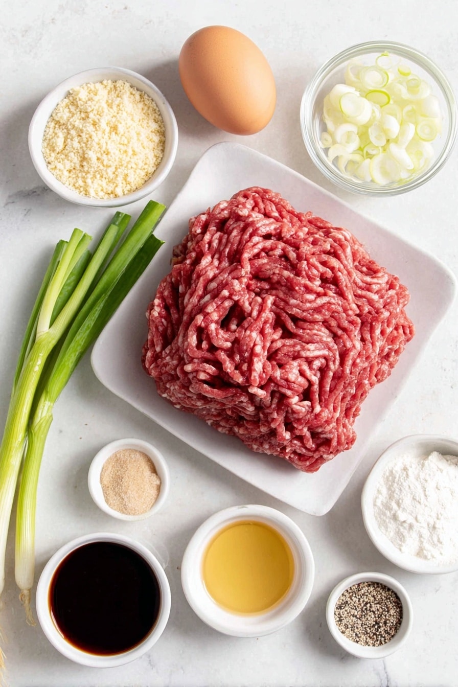 Flat lay of fresh ground beef formed into a loose mound, a small bowl of fine golden breadcrumbs, a small white bowl filled with finely chopped white onion, a few vibrant green onion stalks sliced into rounds, one whole brown egg with a smooth shell, a small white bowl containing dark soy sauce, a small white bowl of light golden brown sugar crystals, a small white bowl holding pale beige garlic powder, a small pile of coarse white salt crystals, a small heap of ground black pepper, a scattering of natural white and black sesame seeds, a small white bowl filled with clear rice vinegar, a small white bowl with liquid golden honey, a small white bowl of minced fresh garlic cloves, a small white bowl of fine white cornstarch powder, a small white bowl of clear water, all items perfectly arranged in balanced symmetry on a clean white marble surface, soft natural light, photo taken with an iPhone, professional food photography style, fresh ingredients, white ceramic bowls, no bottles, no duplicates, no utensils, no packaging --ar 2:3 --v 7 --p awthu7i m7354615311229779997 - Sticky Honey Garlic Meatballs, Honey Garlic Meatballs, Easy Meatball Recipes, Quick Dinner Ideas, Sweet and Savory Meatballs