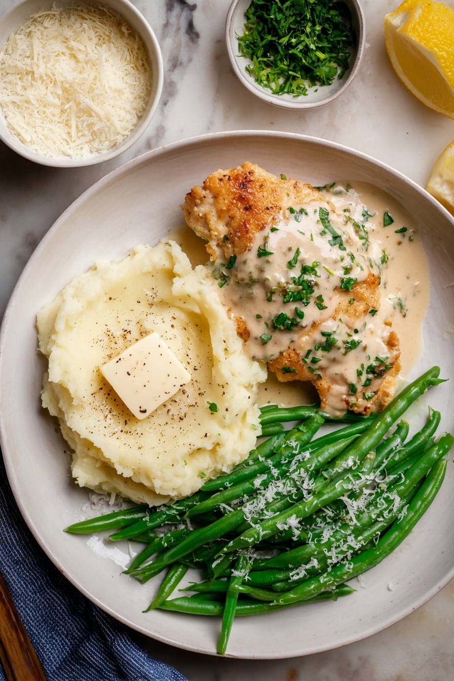 A white plate holds a meal with three sections. On the left is a golden-brown piece of cooked chicken topped with a creamy light beige sauce sprinkled with chopped green herbs. Below the chicken is a mousse-like creamy mashed potato with a square pat of melting butter on top, lightly dusted with black pepper and a few green herb bits. On the right side, a bunch of fresh bright green beans are neatly placed, sprinkled with some white grated cheese. The plate sits on a white marbled surface with a small white bowl of grated cheese in the upper left and a small white bowl of chopped green herbs in the top right, along with a lemon wedge on the bottom right corner. Photo taken with an iphone --ar 2:3 --v 7 - Garlic Parmesan Chicken in Creamy Sauce, garlic parmesan chicken, creamy chicken dinner, easy chicken recipes, flavorful chicken recipes