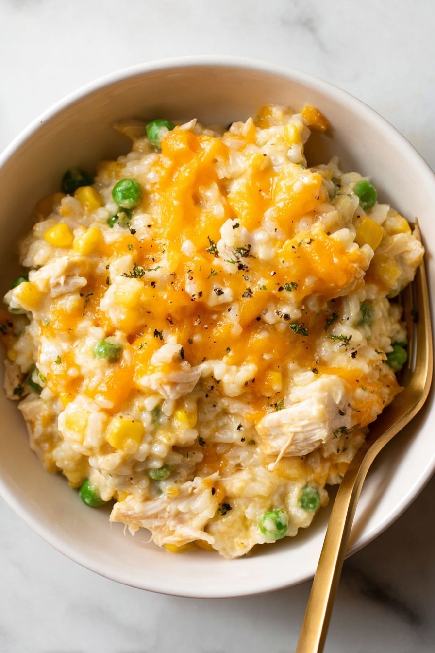 A close-up image of a bowl filled with creamy cheesy rice mixed with green peas, yellow corn, and small pieces of shredded chicken. The dish has a soft texture with melted orange cheese spread unevenly over the top and throughout the mix. Some black pepper is sprinkled lightly on the surface. There is a golden fork resting on the right side inside the bowl. The bowl is white and sits on a white marbled surface. Photo taken with an iphone --ar 2:3 --v 7 - Cheesy Chicken and Rice Bake, cheesy chicken and rice casserole, easy chicken and rice dinner, hearty baked chicken and rice, comfort food recipes