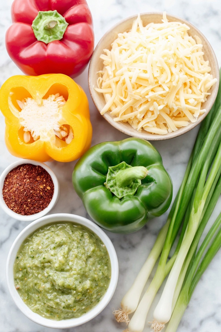 Flat lay of three halved red, yellow, and green bell peppers with seeds removed, a small pile of shredded cooked chicken breast, a small white ceramic bowl of bright green salsa verde, a block of smooth cream cheese, a small heap of finely grated sharp cheddar cheese, a small white ceramic bowl containing reddish paprika powder, a small white ceramic bowl with light beige onion powder, and two fresh green scallions with white bulbs, all arranged in perfect symmetry on a clean white marble surface, soft natural light, photo taken with an iPhone, professional food photography style, fresh ingredients, white ceramic bowls, no bottles, no duplicates, no utensils, no packaging --ar 2:3 --v 7 --p m7354615311229779997 - Creamy Chicken Stuffed Bell Peppers, stuffed bell peppers with chicken and cheese, easy chicken stuffed peppers, healthy stuffed peppers recipe, cheesy stuffed peppers