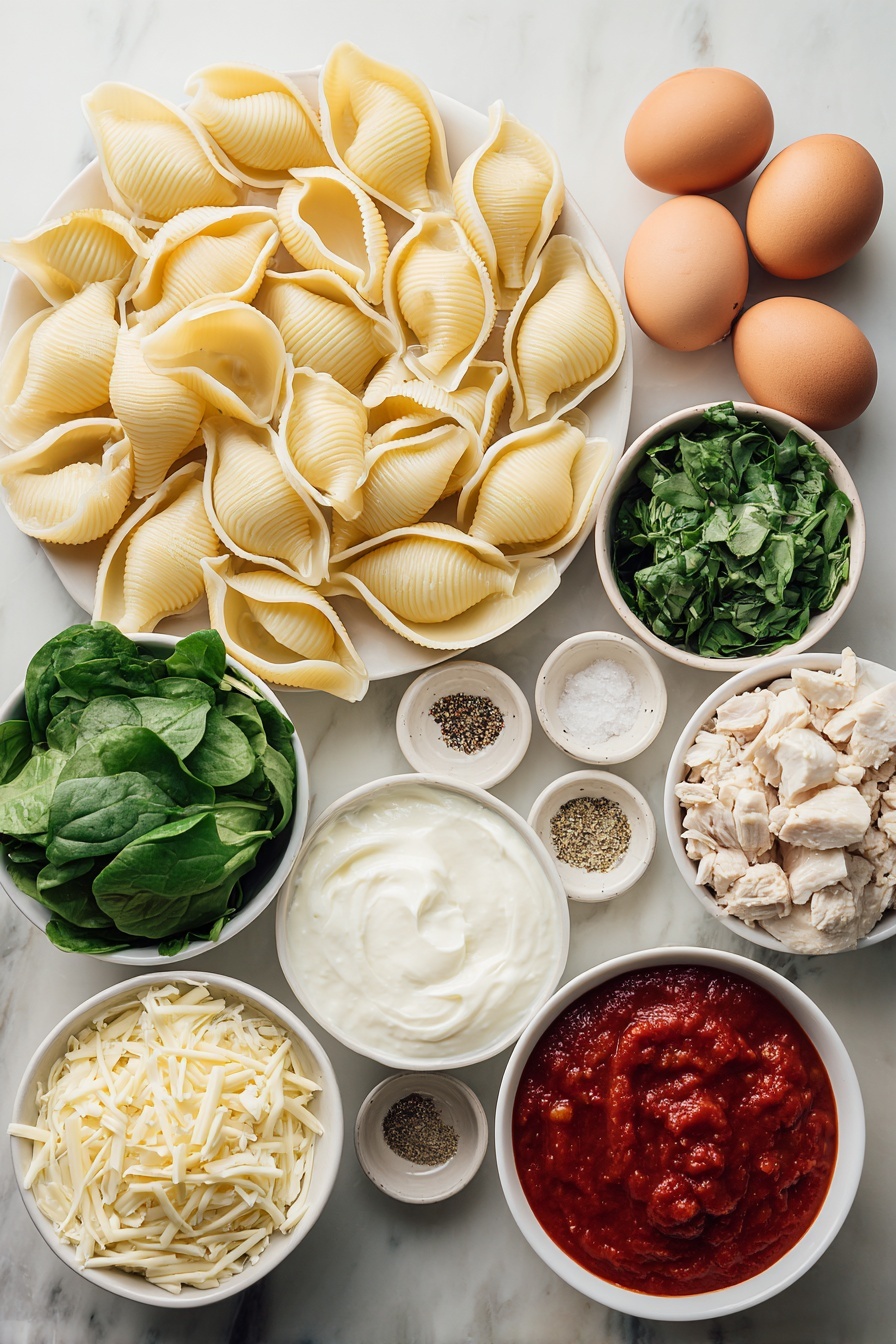 Flat lay of fresh jumbo pasta shells arranged neatly, a small pile of shredded mozzarella cheese, a small mound of shredded parmesan, a small white ceramic bowl filled with bright red pasta sauce, a small white ceramic bowl of creamy plain nonfat Greek yogurt, a small heap of chopped fresh spinach leaves, a small pile of chopped rotisserie chicken pieces, a small heap of chopped artichoke hearts, a few whole uncracked brown eggs, and small white ceramic bowls containing salt, garlic powder, dried parsley, and black pepper placed symmetrically, all placed on a clean white marble surface, soft natural light, photo taken with an iPhone, professional food photography style, fresh ingredients, white ceramic bowls, no bottles, no duplicates, no utensils, no packaging --ar 2:3 --v 7 --p m7354615311229779997 - Chicken Spinach Artichoke Stuffed Shells, stuffed shell recipes, cheesy chicken pasta, healthy stuffed shells, easy chicken artichoke dinner