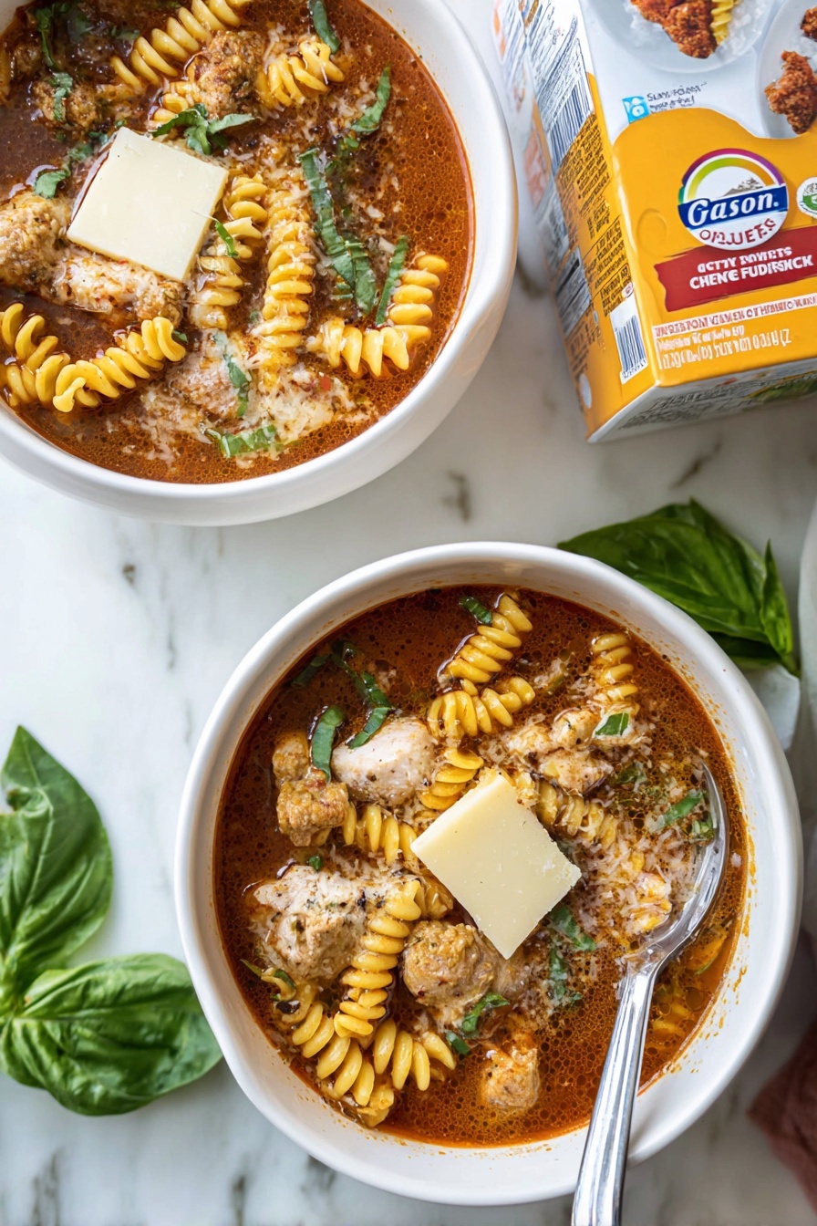 The image shows two white bowls filled with a rich soup on a white marbled surface. Each bowl has three main layers: the bottom layer is a reddish-brown broth, slightly thick with visible seasoning. The middle layer has yellow spiral pasta mixed with chunks of cooked light brown meat and small pieces of green basil leaves scattered on top. The top layer features a square piece of melted cheese with a light golden-brown crust. A silver spoon is placed inside the front bowl, resting on the edge. Nearby, there is a partially visible carton of chicken broth and two fresh basil leaves on the surface. photo taken with an iphone --ar 2:3 --v 7 - Chicken Parmesan Soup with Mozzarella Croutons, Italian chicken soup, cheesy chicken noodle soup, comfort food recipes, hearty Italian soup
