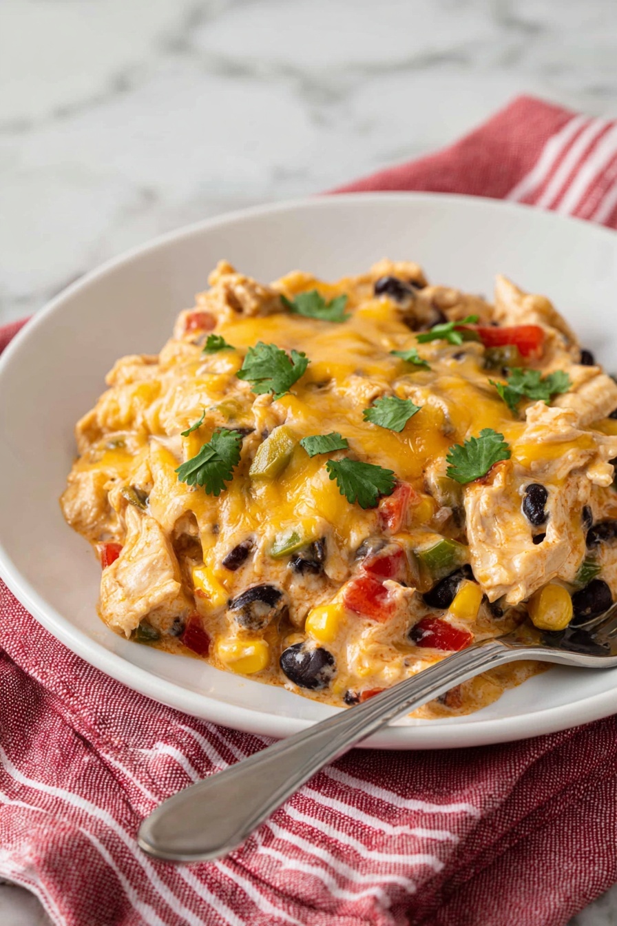 This dish has a base layer of mixed ingredients including black beans, corn, diced red and green peppers, and chunks of cooked chicken. The ingredients are lightly coated in a creamy sauce with orange tones. On top, there is a thick layer of melted yellow and white cheese that covers the entire dish. Small pieces of fresh green cilantro are sprinkled across the cheese. The food is served on a white plate that sits on a red and white striped cloth, with a silver fork placed on the edge of the plate. The background is a white marbled texture. Photo taken with an iphone --ar 2:3 --v 7 - Easy Chicken Taco Casserole, chicken taco casserole, taco casserole recipe, quick chicken casserole, cheesy taco bake