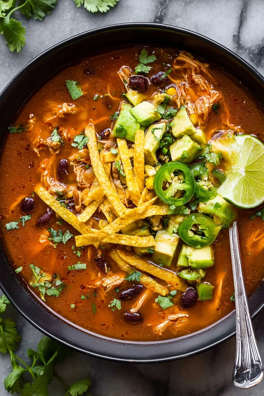 The dish is a black bowl filled with a rich, reddish-orange soup base that has a thick texture with visible shredded chicken and black beans mixed throughout. On top, there are bright yellow crispy tortilla strips layered randomly, diced green avocado pieces, thin slices of light green jalapeño peppers, and fresh green cilantro leaves scattered evenly. A light green lime wedge sits on one edge of the bowl. A silver spoon rests inside the bowl on the right side. The bowl is placed on a white marbled surface with some cilantro sprigs nearby. Photo taken with an iphone --ar 2:3 --v 7 - Easy Chicken Tortilla Soup, flavorful chicken tortilla soup, one-pot tortilla soup, quick chicken soup recipes, healthy Mexican inspired soup