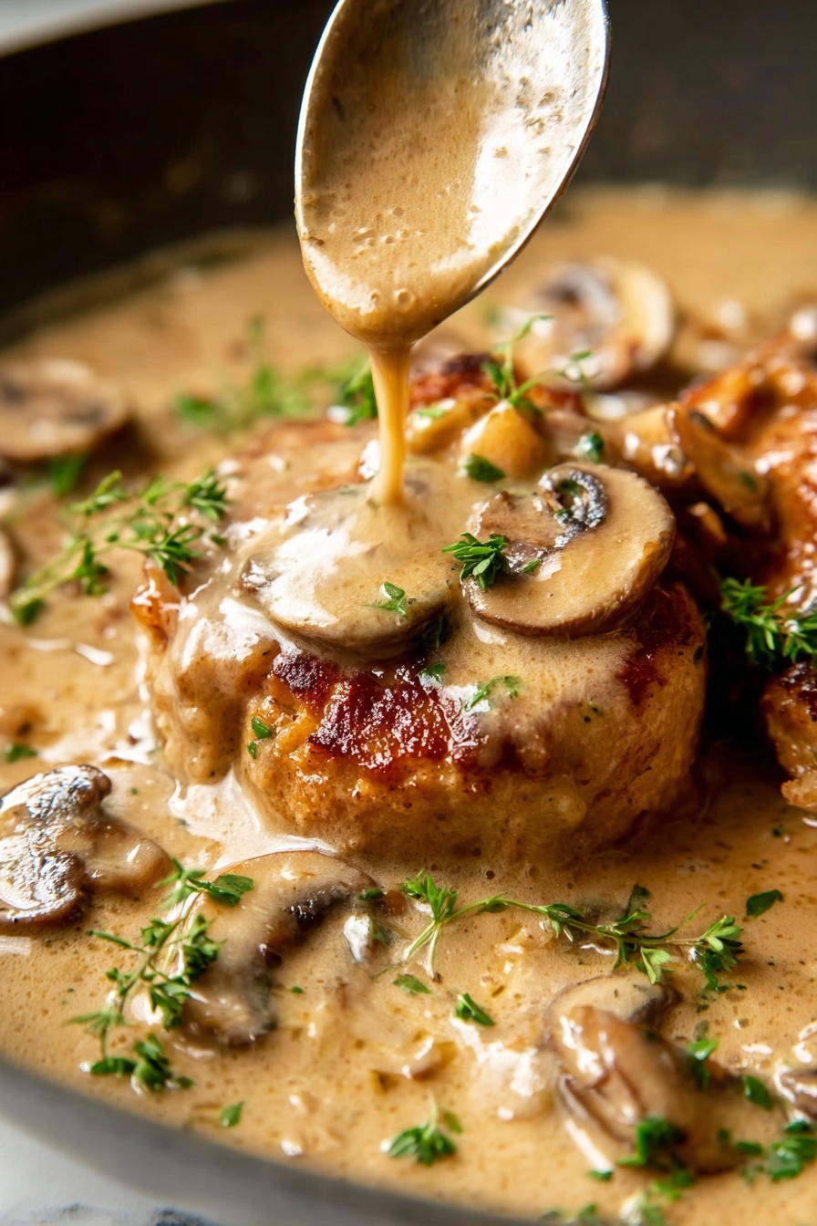 This image shows a close-up of four golden-brown fried chicken pieces in a creamy light brown sauce. The sauce has visible sautéed sliced onions and mushrooms, both light golden and brown in color. Small bits of fresh green parsley are sprinkled on top, adding a touch of bright green. The chicken pieces have a crispy texture with dark specks of seasoning. The dish is in a pan placed on a white marbled surface. photo taken with an iphone --ar 2:3 --v 7 - Easy Chicken Marsala with Mushrooms, Chicken Marsala with Mushrooms, Chicken Marsala recipe, flavorful Chicken Marsala, simple Chicken Marsala dinner